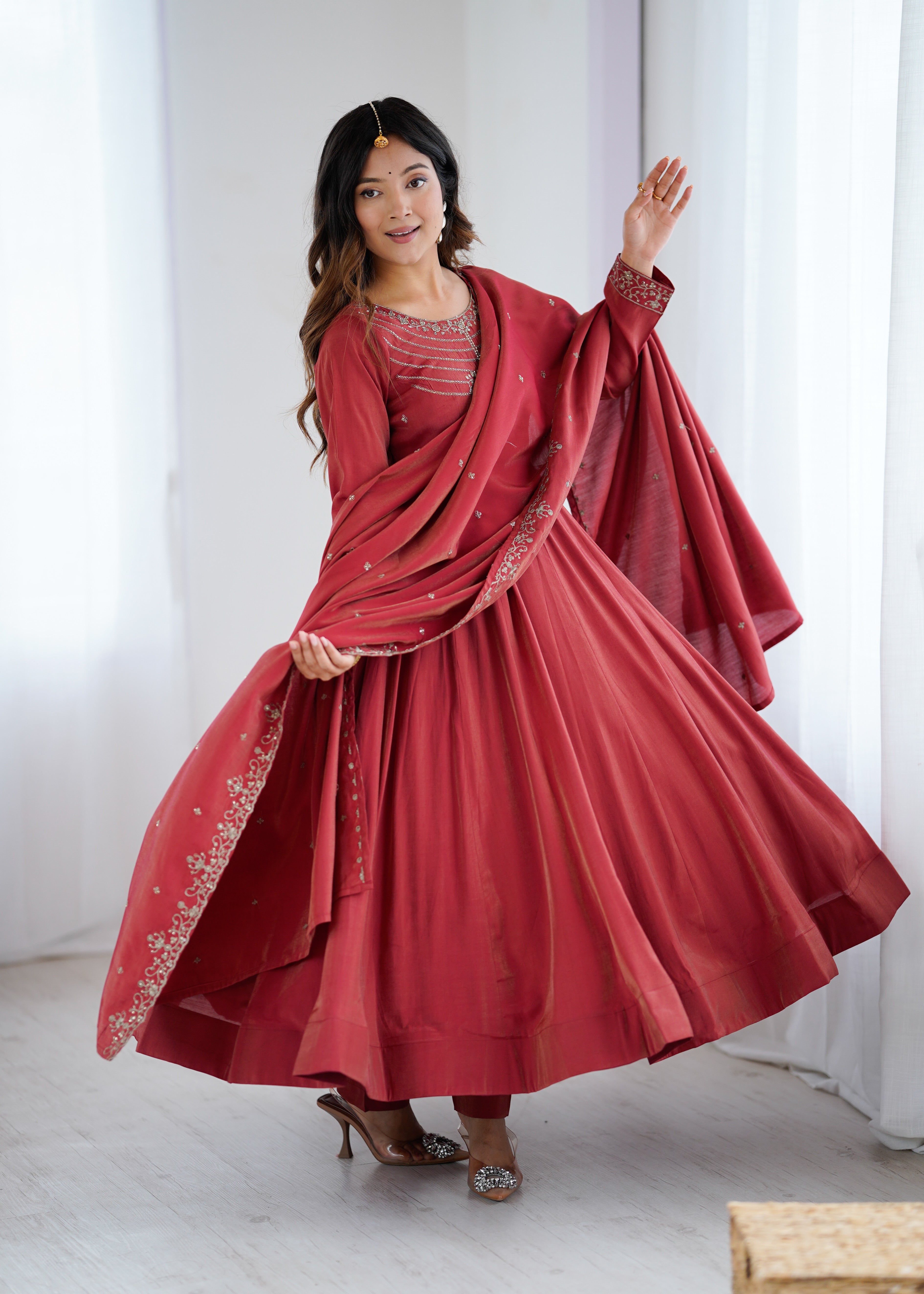 Maroon Roman Shimmer Chanderi Silk Anarkali Suit Set