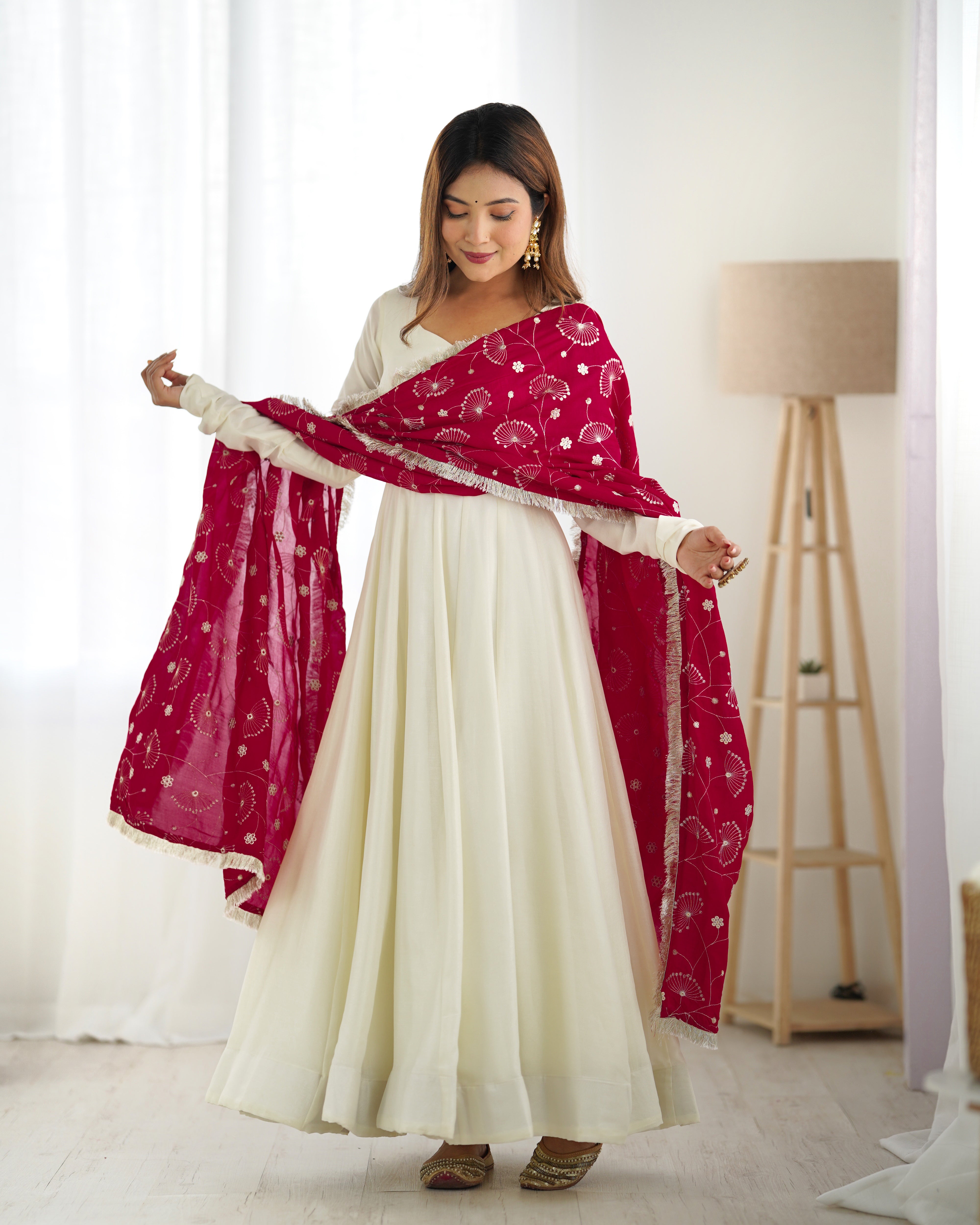 Off-White Vichitra Silk Anarkali Suit with Dupatta