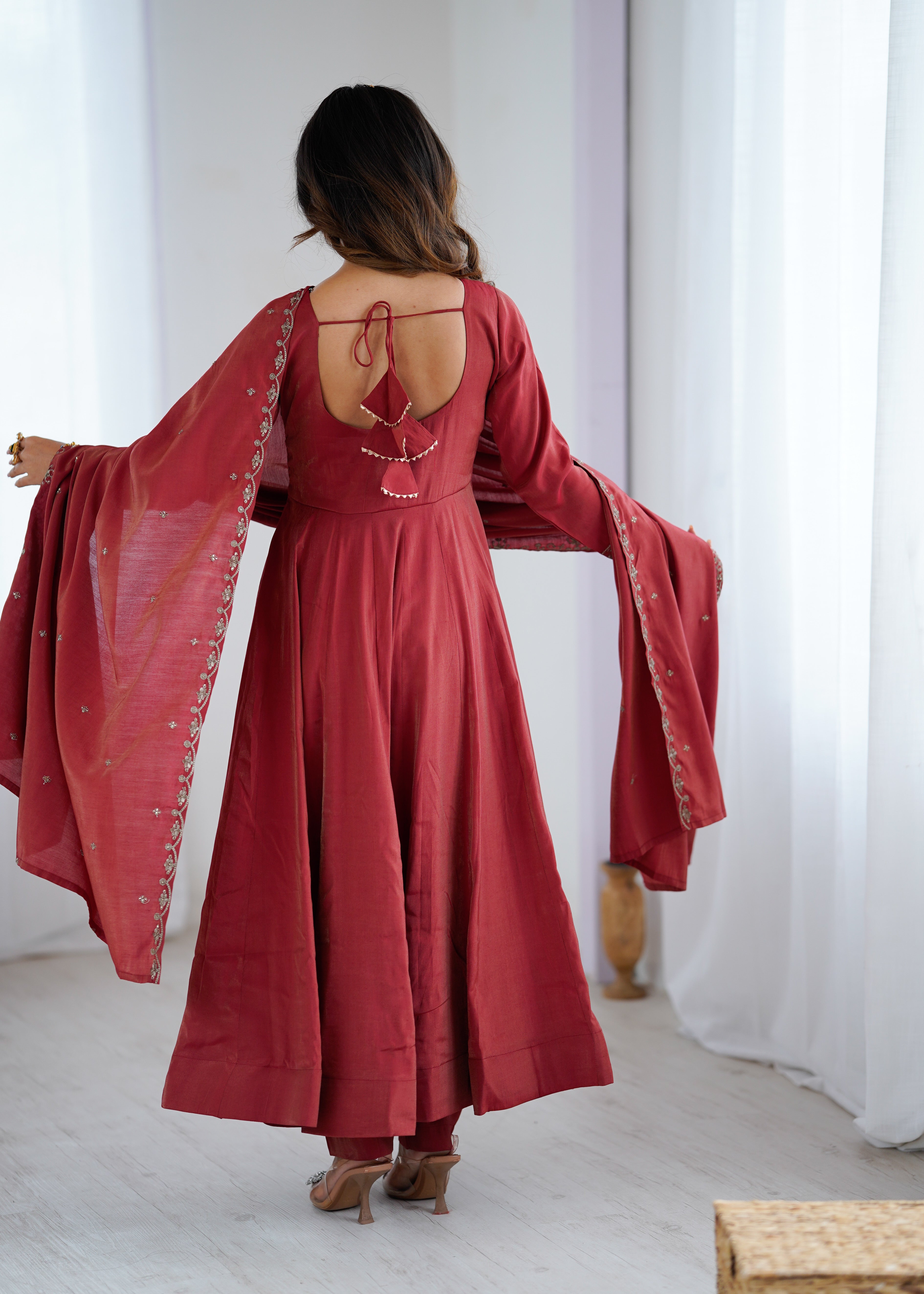 Maroon Roman Shimmer Chanderi Silk Anarkali Suit Set