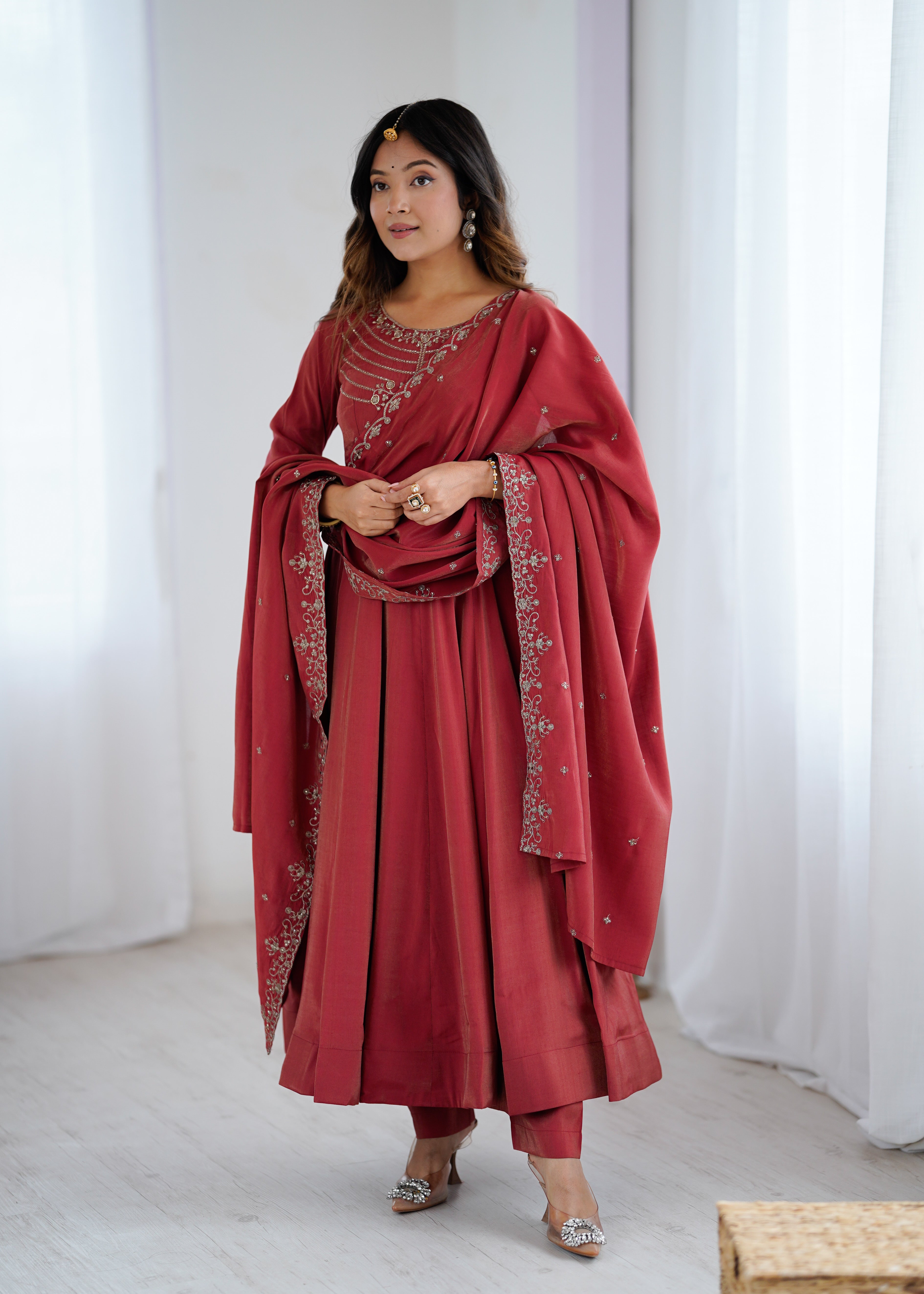 Maroon Roman Shimmer Chanderi Silk Anarkali Suit Set