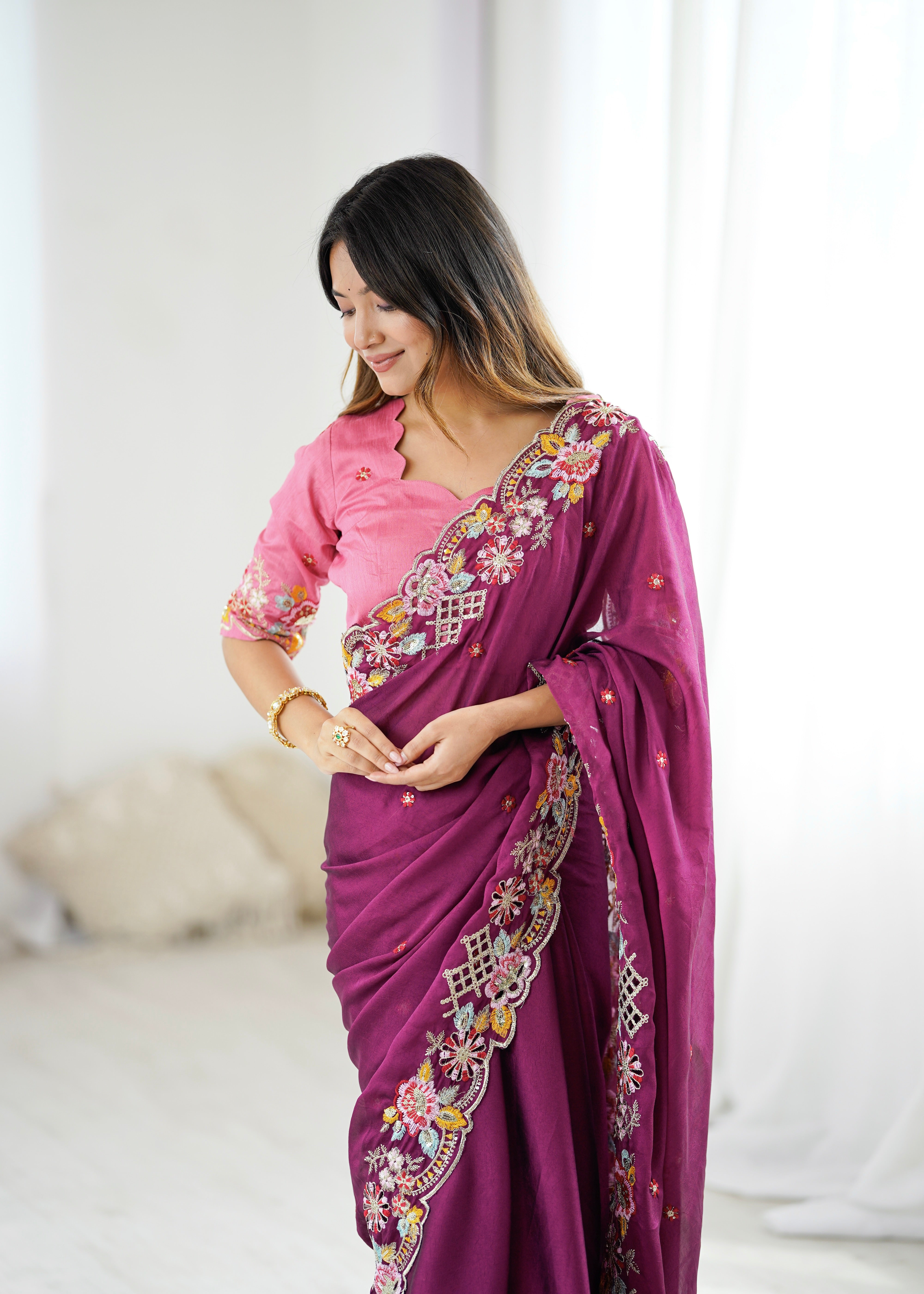 Premium Noha Crush Embroidered Saree with Heavy Cutwork Border & Mono Silk Blouse