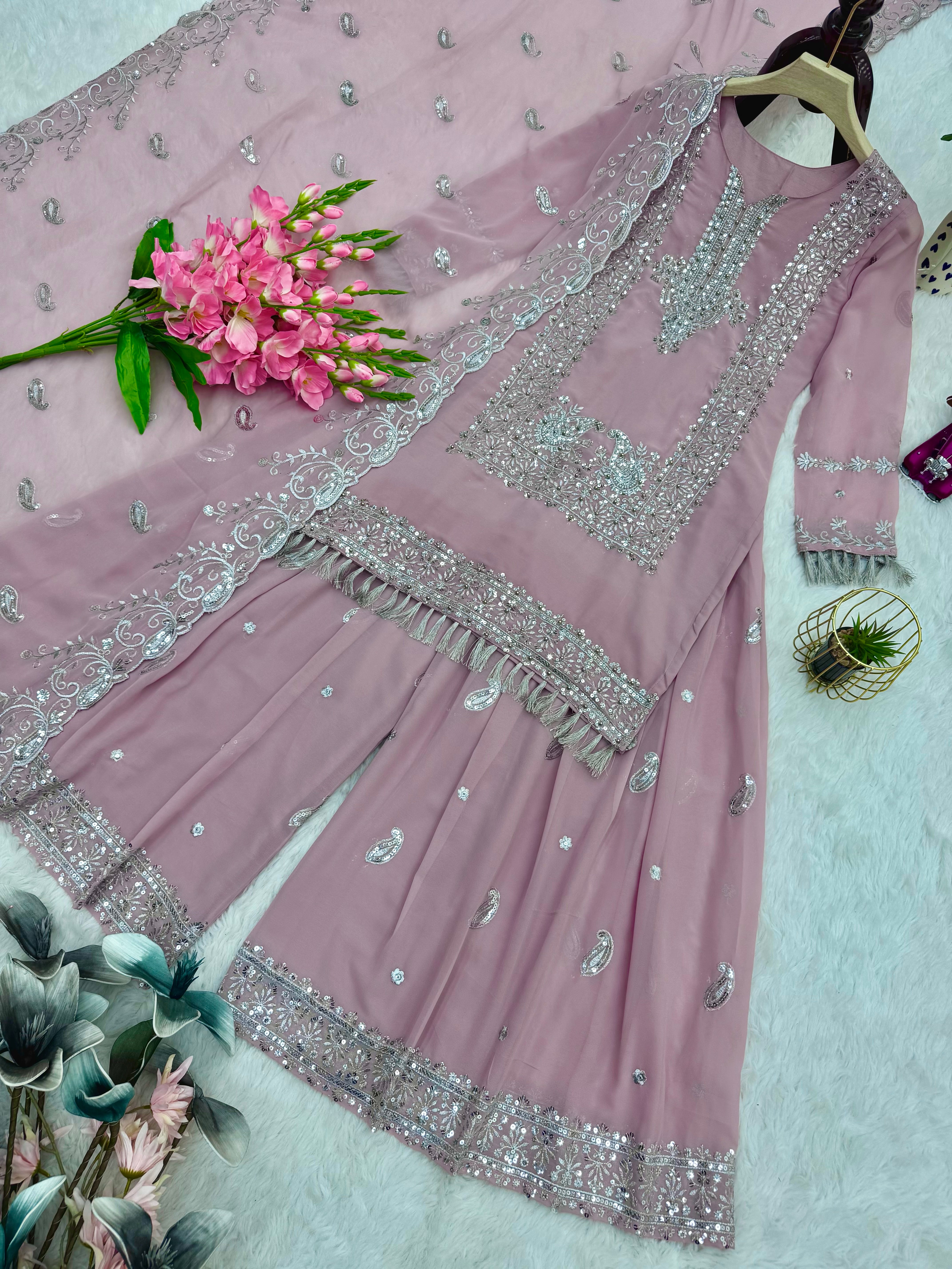 Dusty Pink Heavy Georgette Embroidered Sharara Suit Set