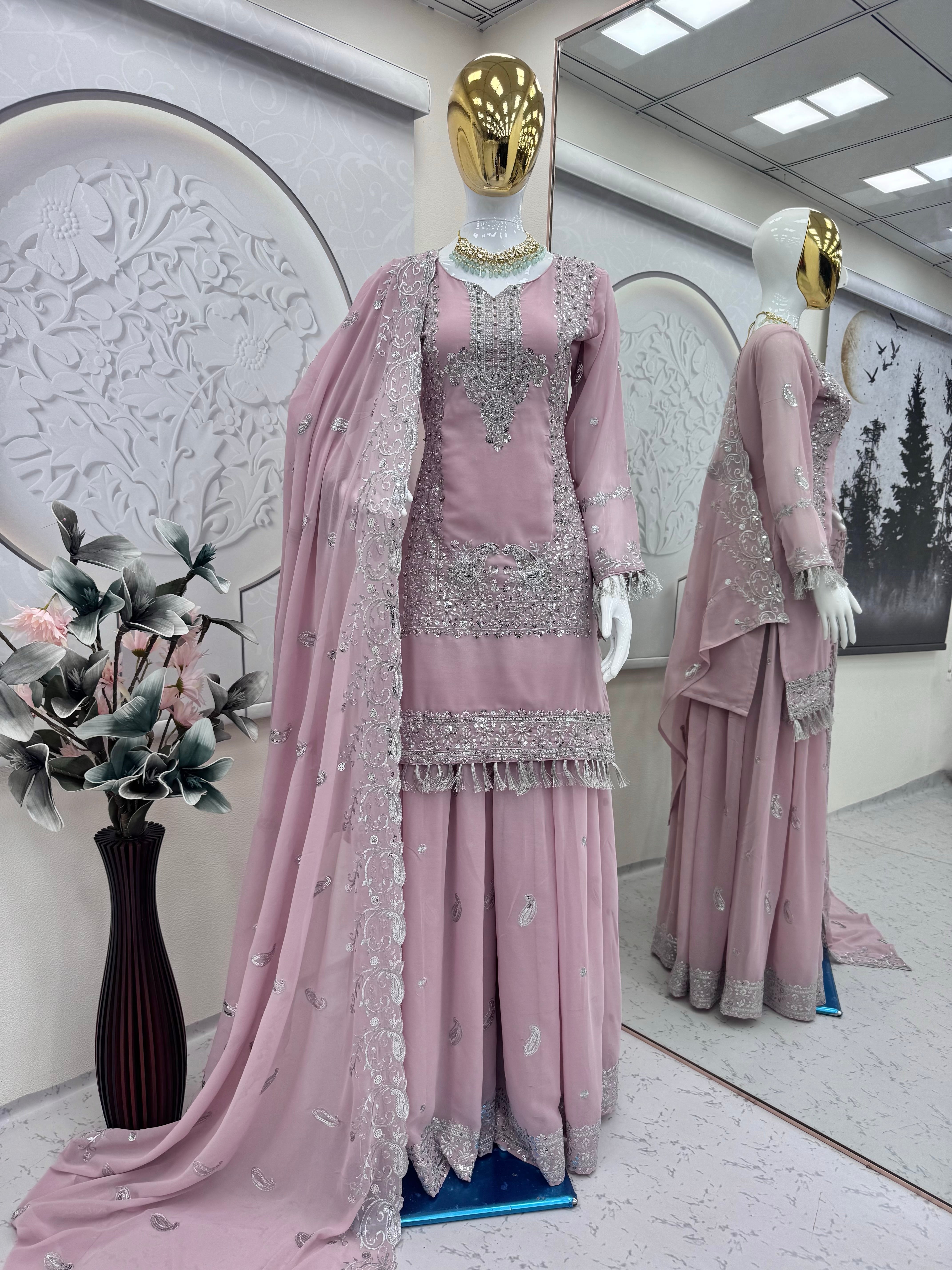 Dusty Pink Heavy Georgette Embroidered Sharara Suit Set