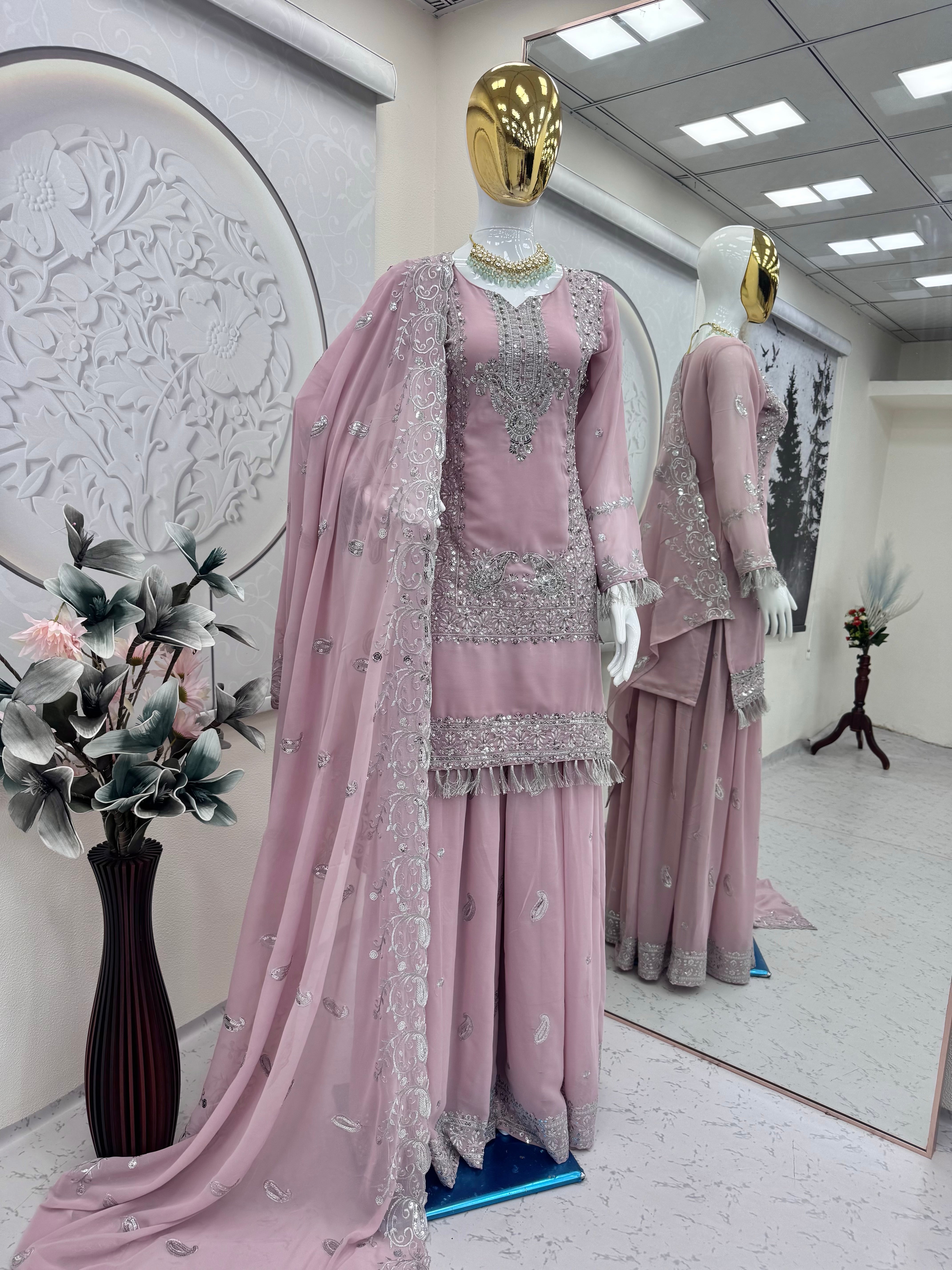 Dusty Pink Heavy Georgette Embroidered Sharara Suit Set