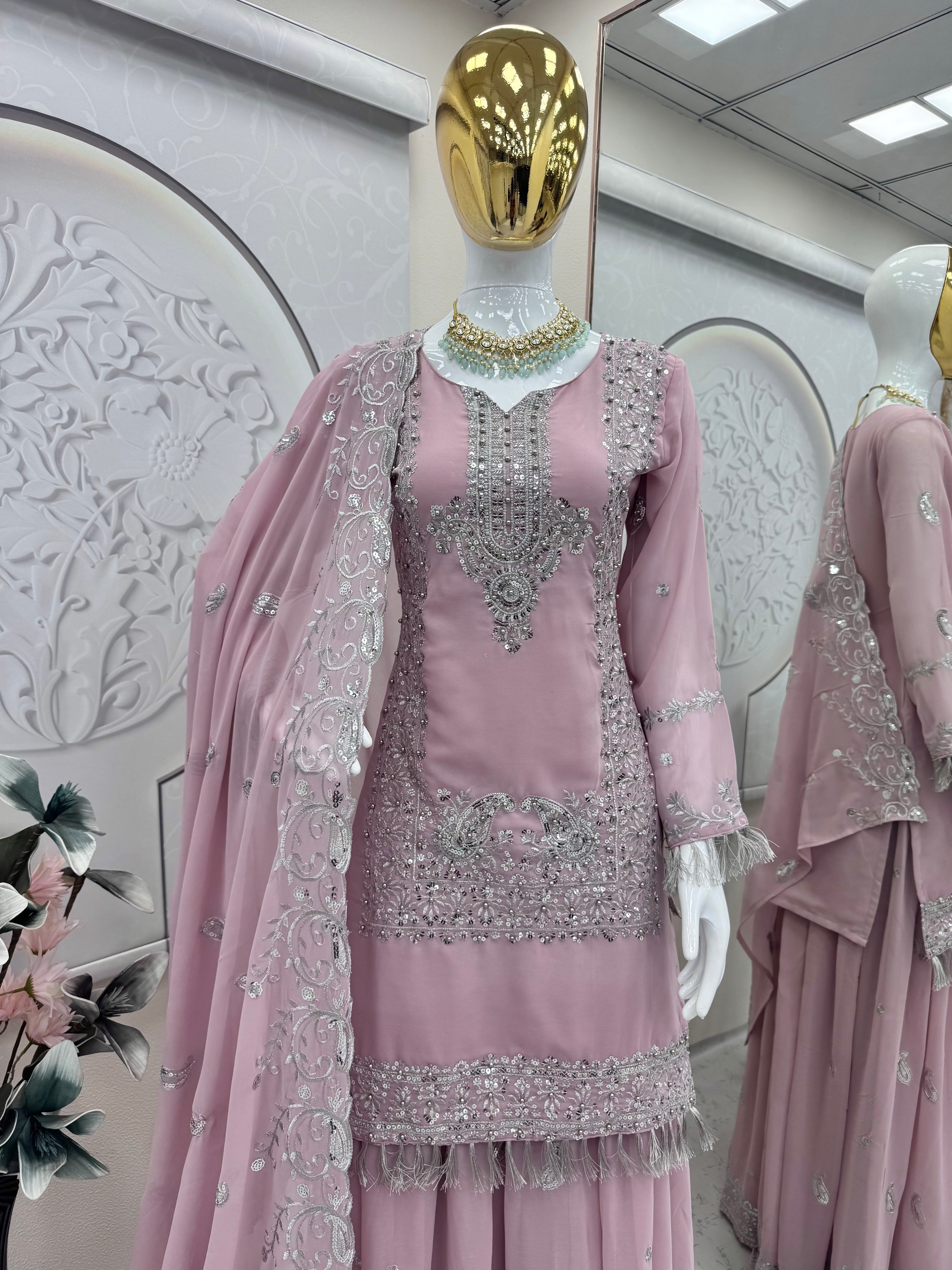 Dusty Pink Heavy Georgette Embroidered Sharara Suit Set