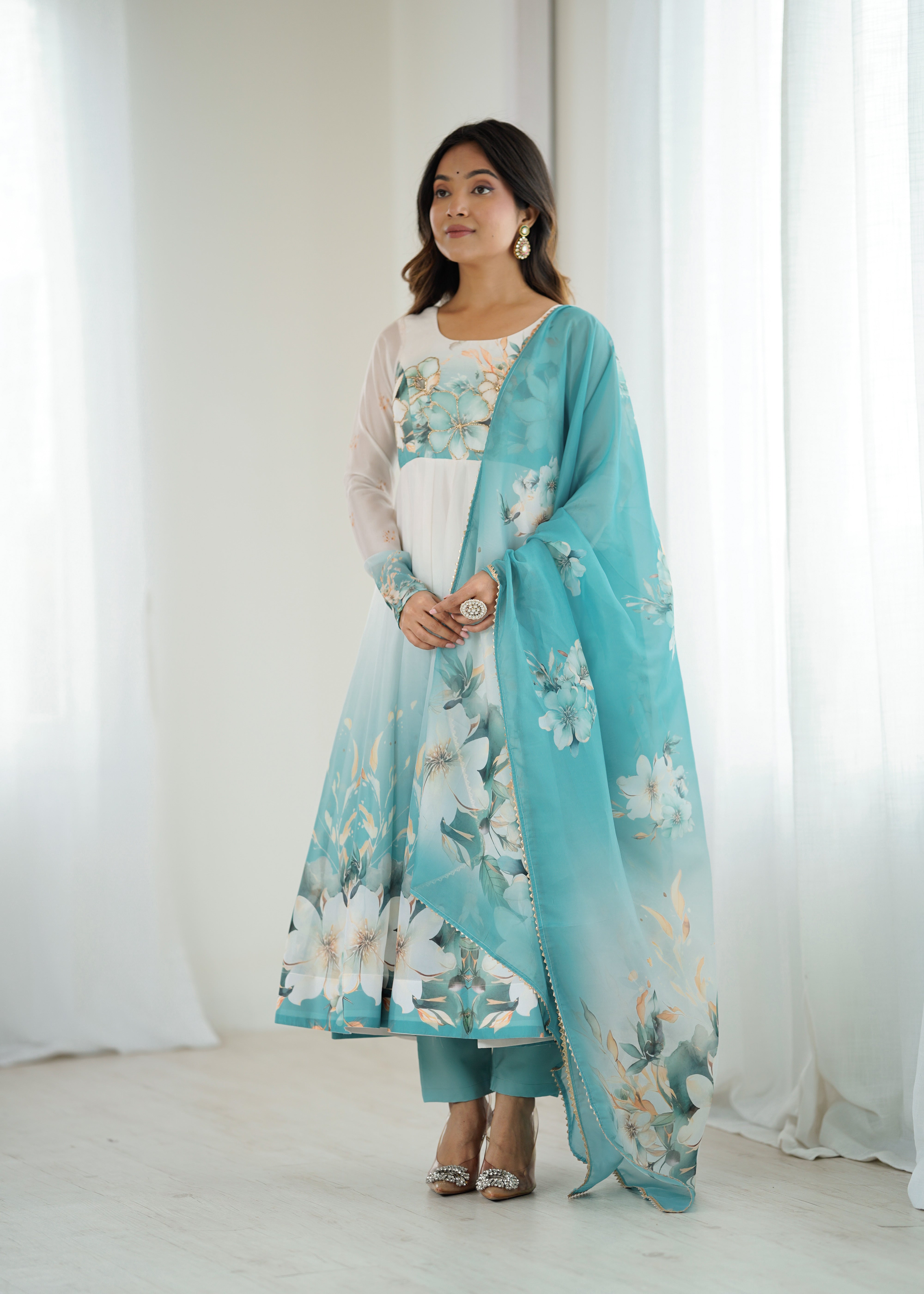 Pure Soft Organza Silk Floral Anarkali Suit Set (4 Meter Flair + Dupatta + Pant)