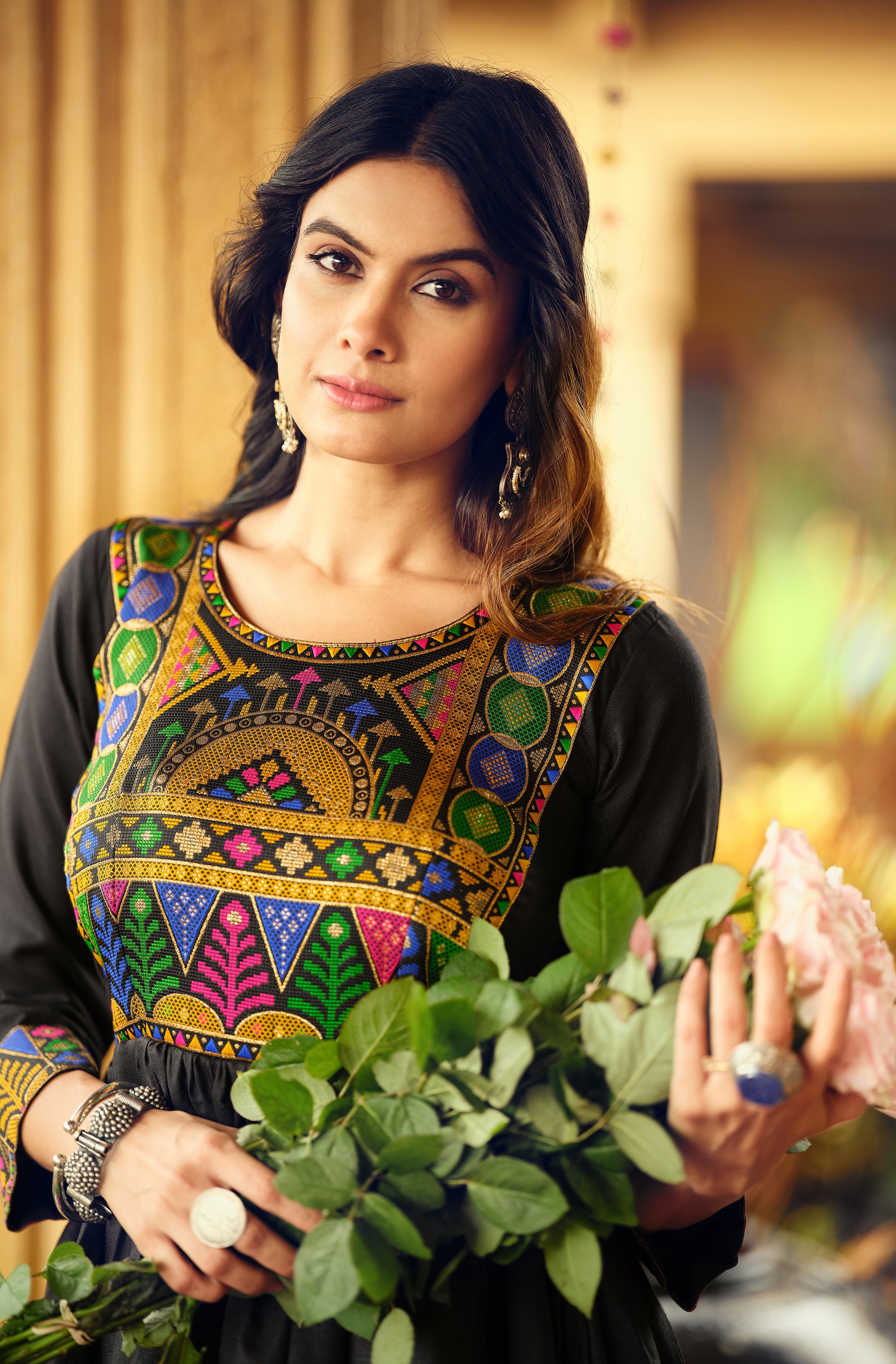 Premium Pure Cotton Gamthi Jacquard Weaving Gown with Three-Layer Ruffle Flair – 7 Meter Flair