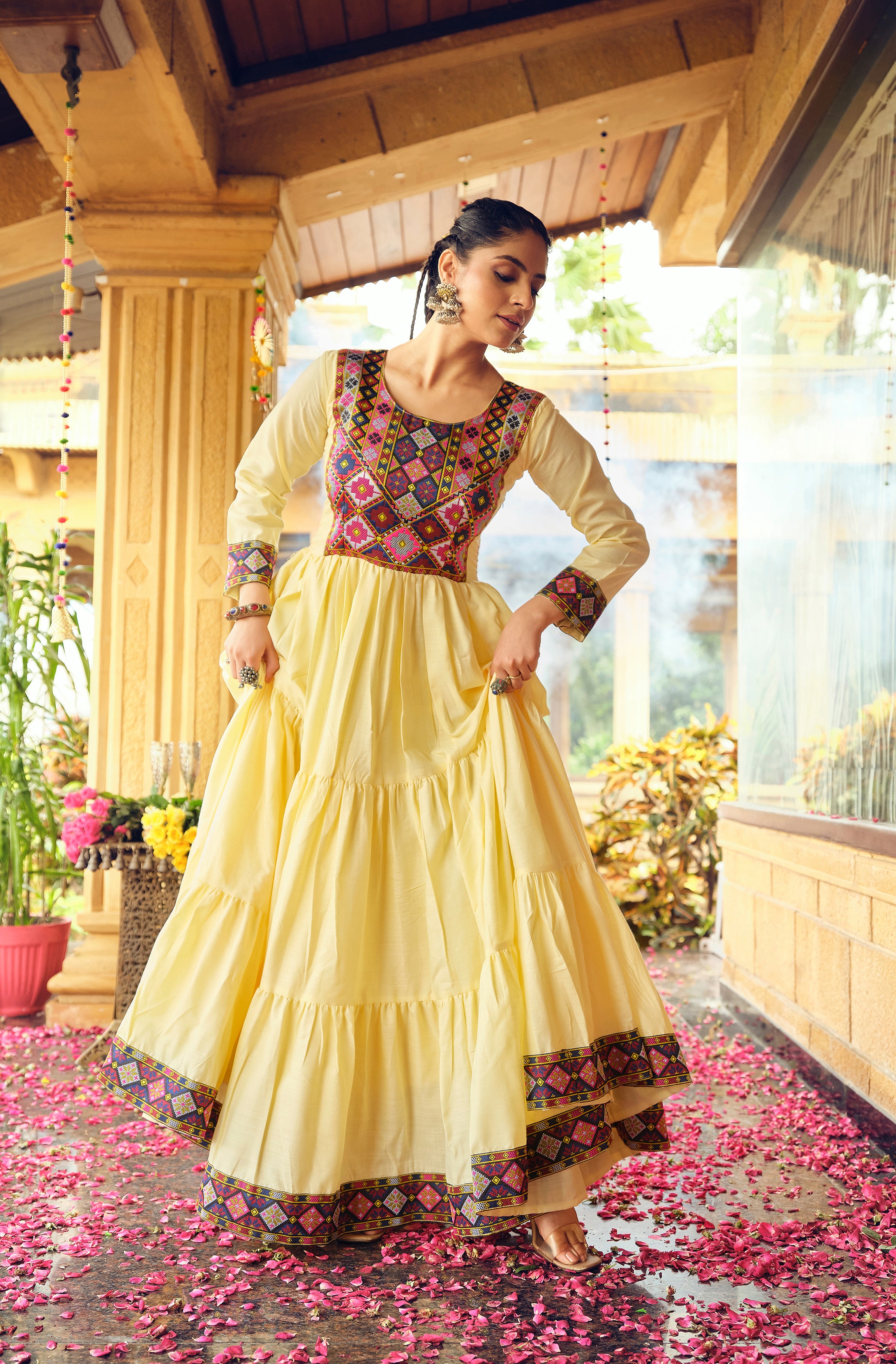 Premium Pure Cotton Gamthi Jacquard Weaving Gown with Three-Layer Ruffle Flair – 7 Meter Flair