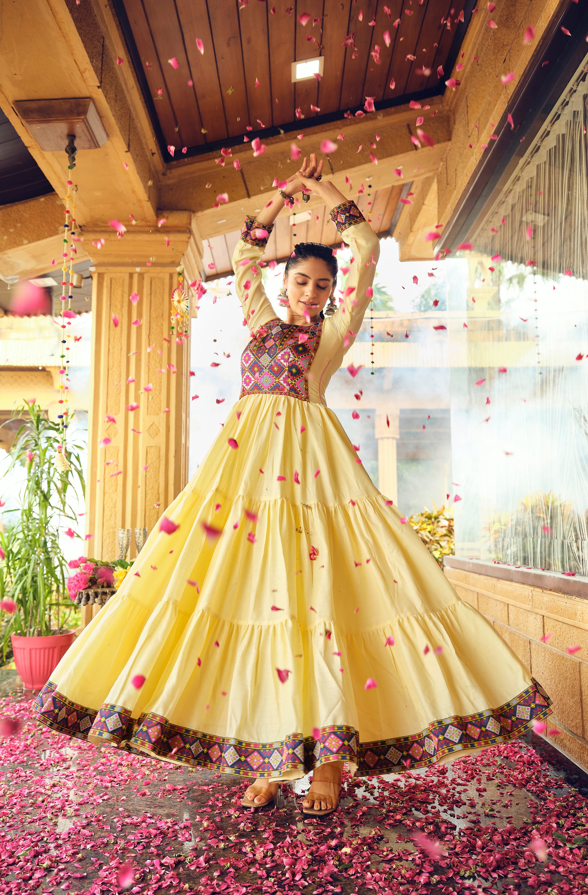 Premium Pure Cotton Gamthi Jacquard Weaving Gown with Three-Layer Ruffle Flair – 7 Meter Flair