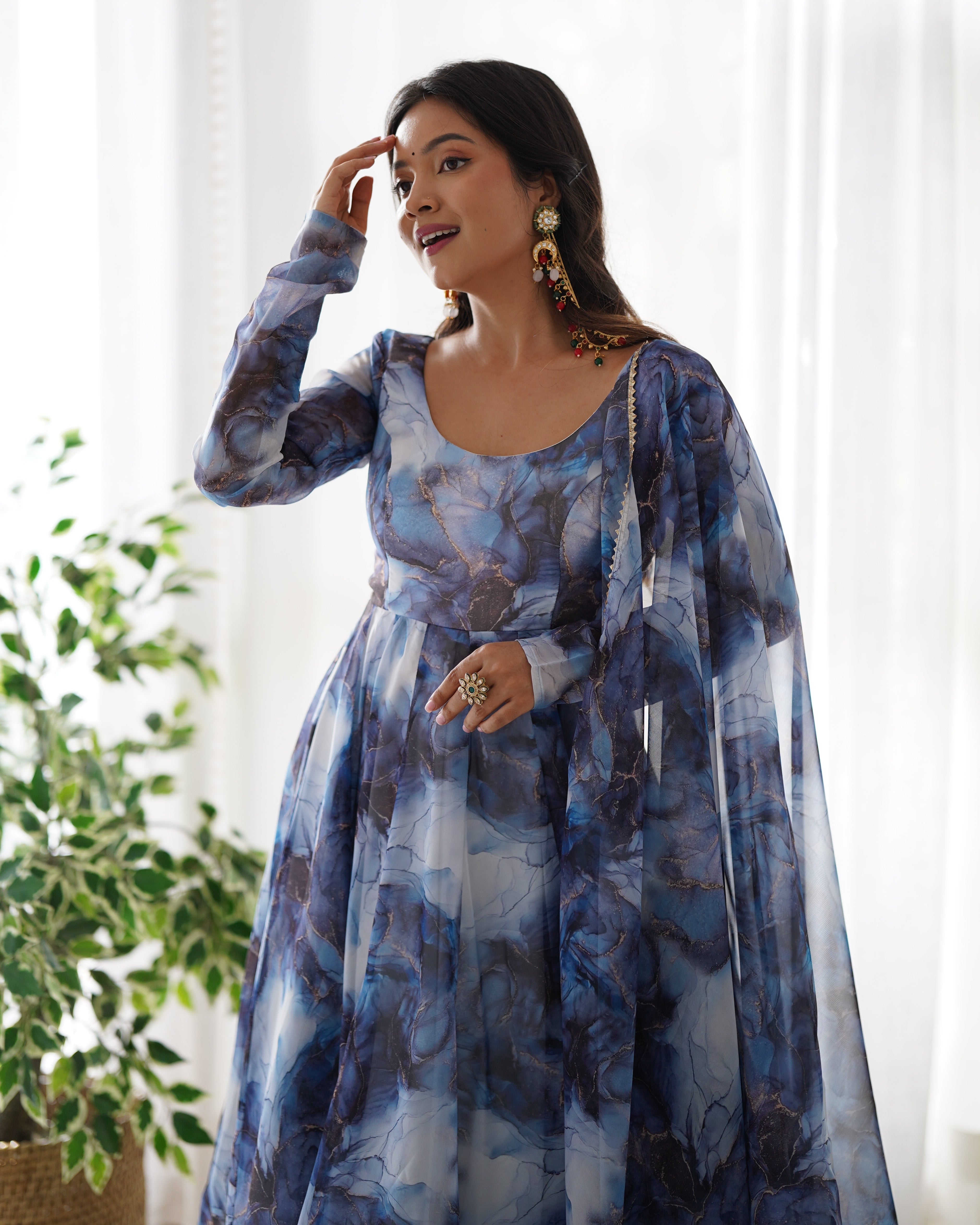 Designer Pure Soft Organza Silk Marble Anarkali Suit with Dupatta & Pant