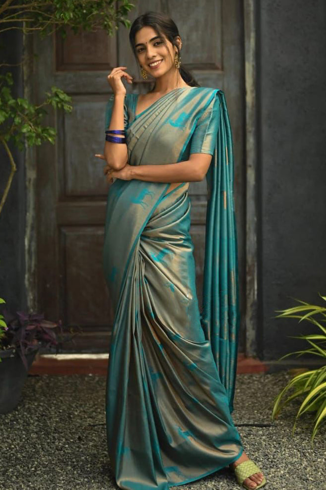 Excellent Sky Soft Silk Saree With Dalliance Blouse Piece