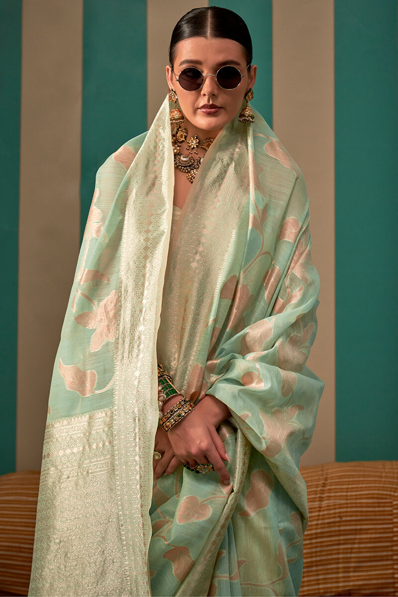 Embellished Pista Cotton Silk Saree With Whimsical Blouse Pieced