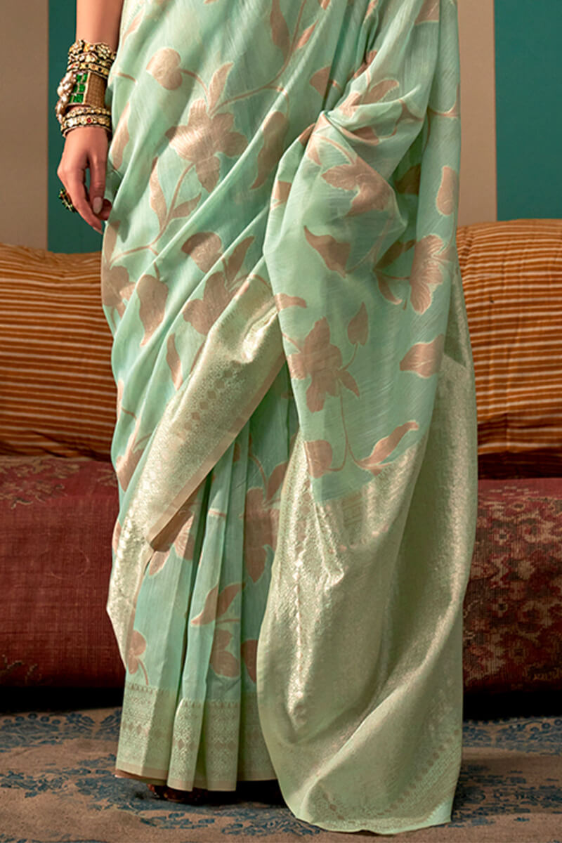 Embellished Pista Cotton Silk Saree With Whimsical Blouse Pieced