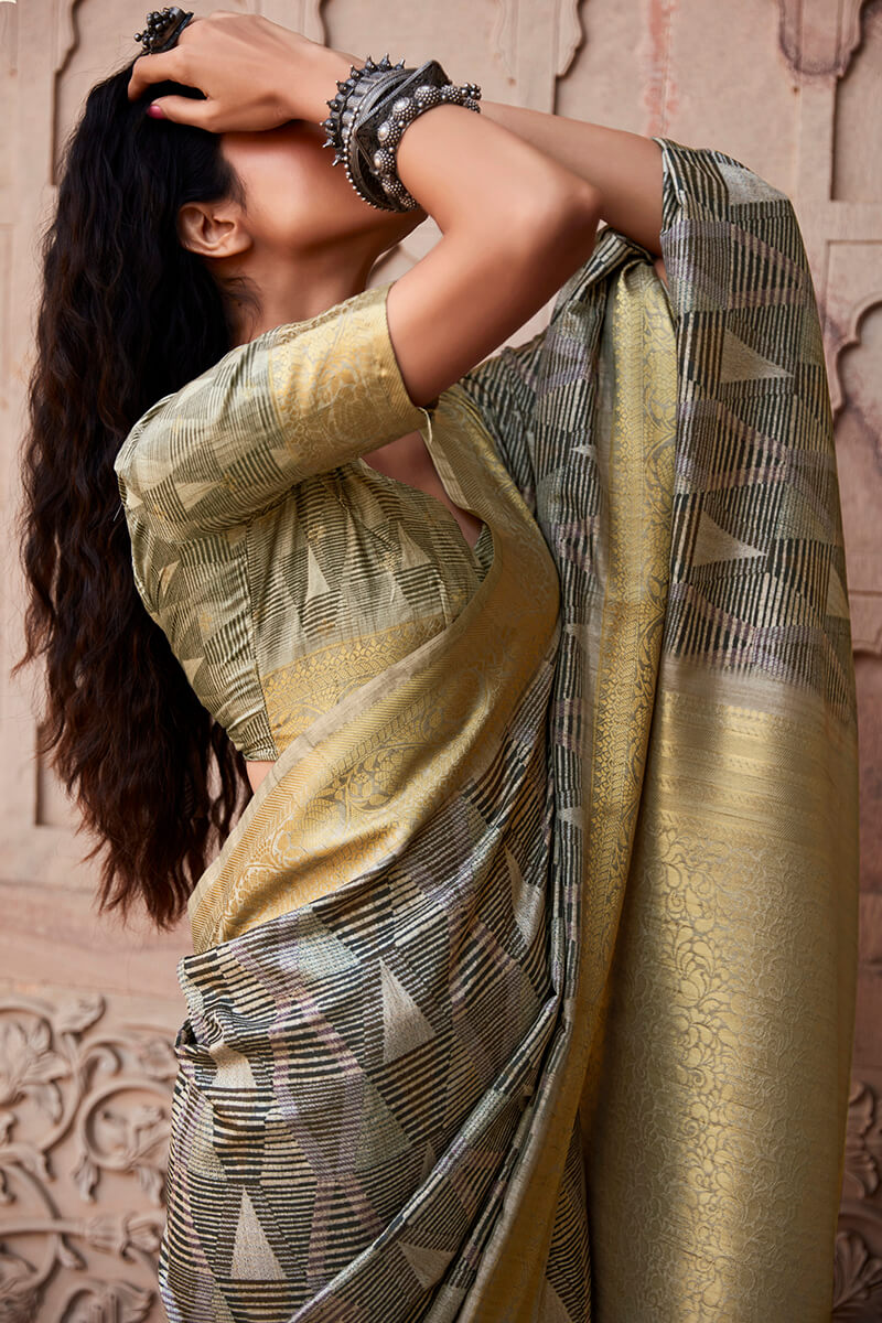 Gorgeous Grey Digital Printed Soft Silk Saree With Vibrant Blouse Piece