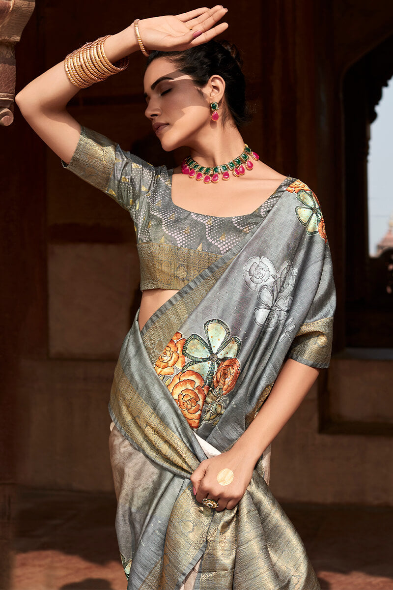 Smashing Grey Digital Printed Soft Silk Saree With Sonorous Blouse Piece