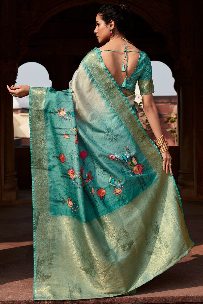 Enchanting Firozi Digital Printed Soft Silk Saree With Rhapsody Blouse Piece
