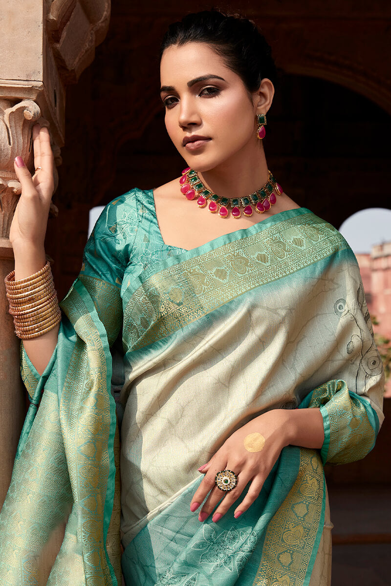 Enchanting Firozi Digital Printed Soft Silk Saree With Rhapsody Blouse Piece