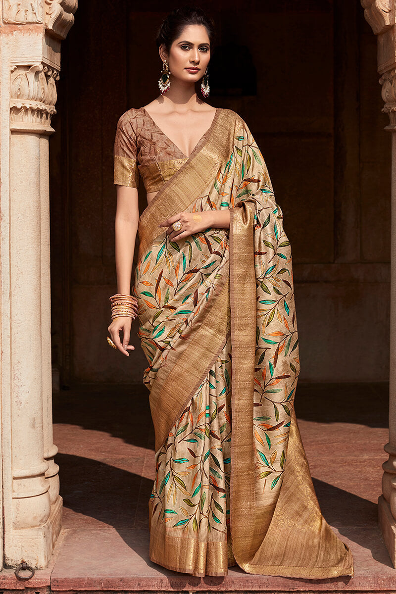 Propinquity Brown Digital Printed Soft Silk Saree With Exemplary Blouse Piece