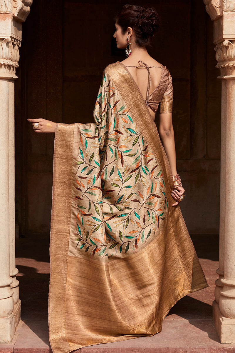 Propinquity Brown Digital Printed Soft Silk Saree With Exemplary Blouse Piece