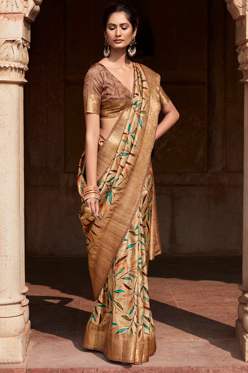 Propinquity Brown Digital Printed Soft Silk Saree With Exemplary Blouse Piece