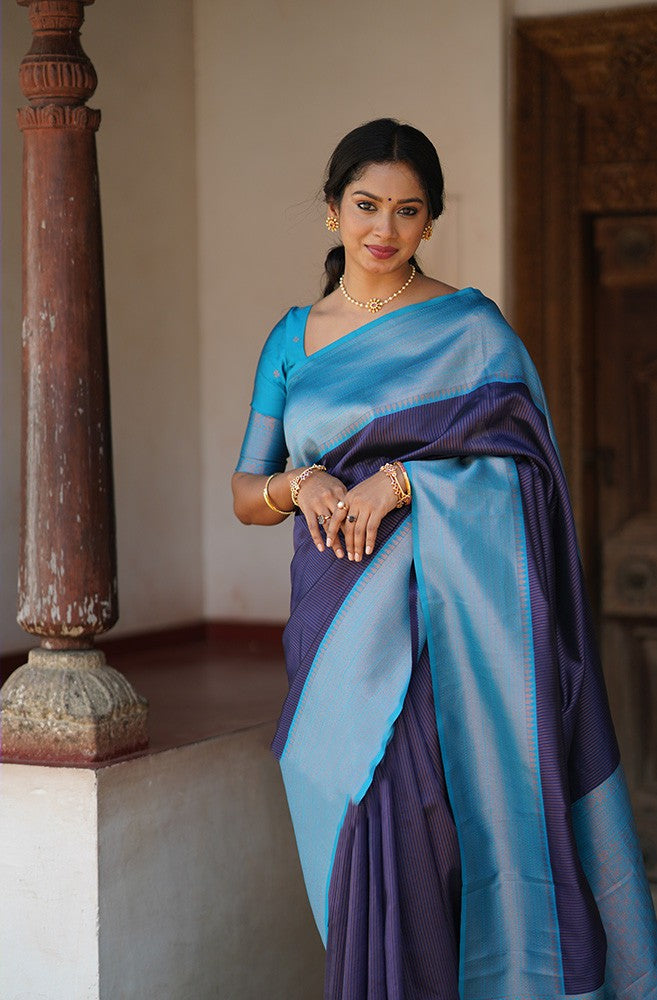 Precious Navy Blue Soft Silk Saree With Extraordinary Blouse Piece