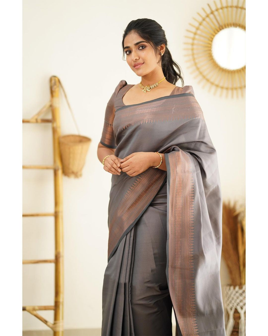 Desultory Grey Soft Silk Saree With Seraglio Blouse Piece