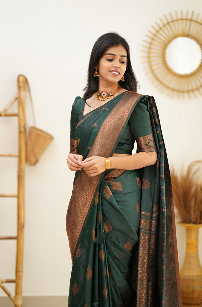 Invaluable Dark Green Soft Silk Saree With Desiring Blouse Piece