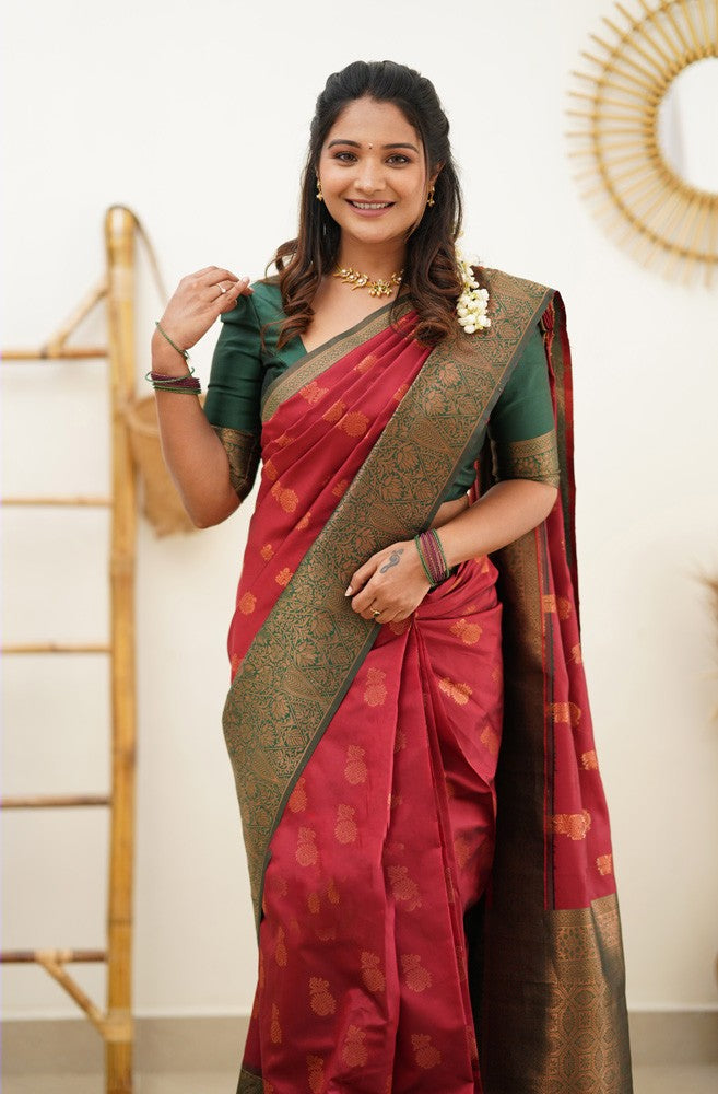 Elision Maroon Soft Silk Saree With Lassitude Blouse Piece