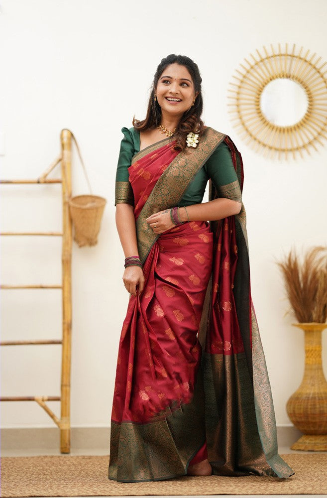 Elision Maroon Soft Silk Saree With Lassitude Blouse Piece