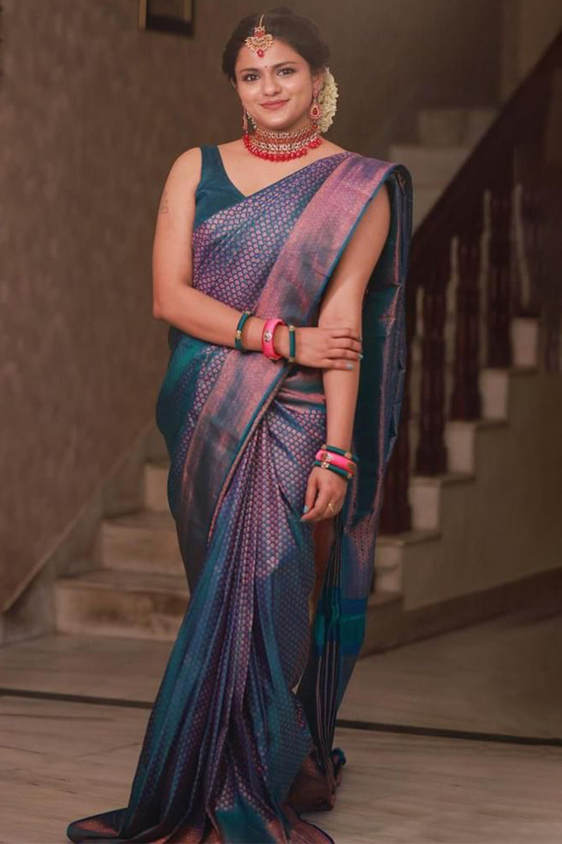 Charming Rama Soft Silk Saree With Preferable Blouse Piece