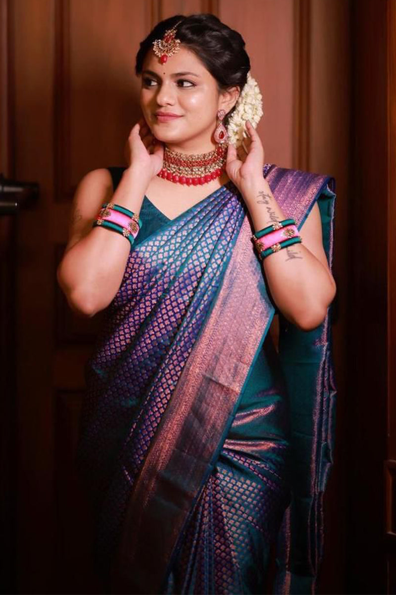 Charming Rama Soft Silk Saree With Preferable Blouse Piece