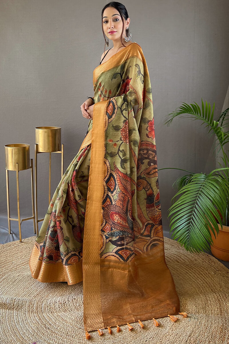 Incredible Green Kalamkari Printed Saree With Ratatouille Blouse Piece