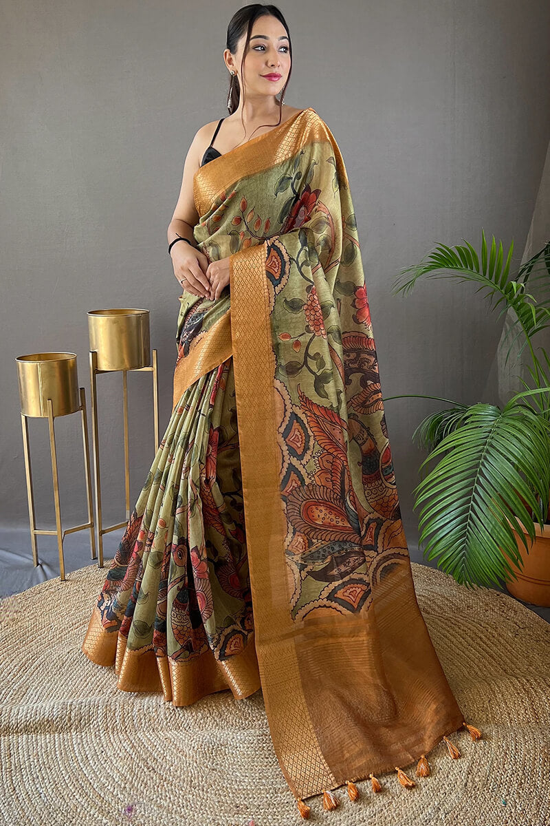 Incredible Green Kalamkari Printed Saree With Ratatouille Blouse Piece