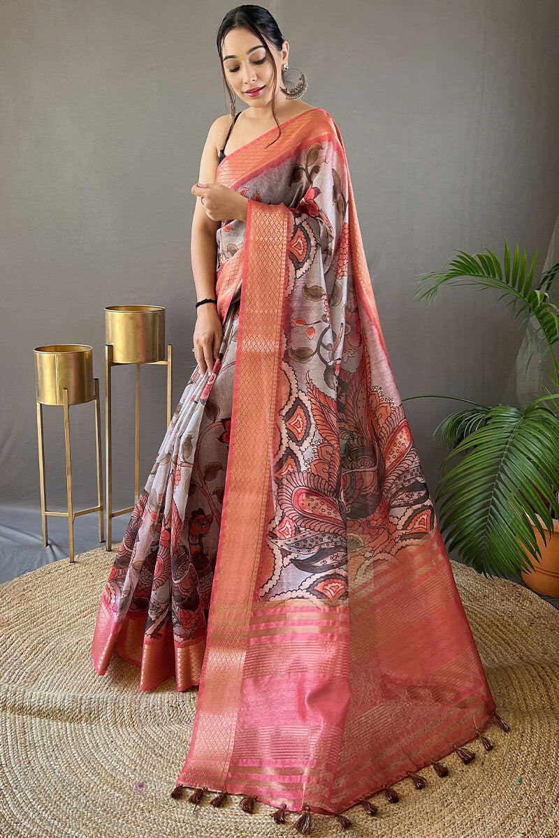 Imbrication Grey Kalamkari Printed Saree With Conflate Blouse Piece
