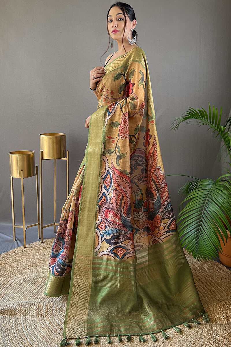 Excellent Mustard Kalamkari Printed Saree With Glorious Blouse Piece