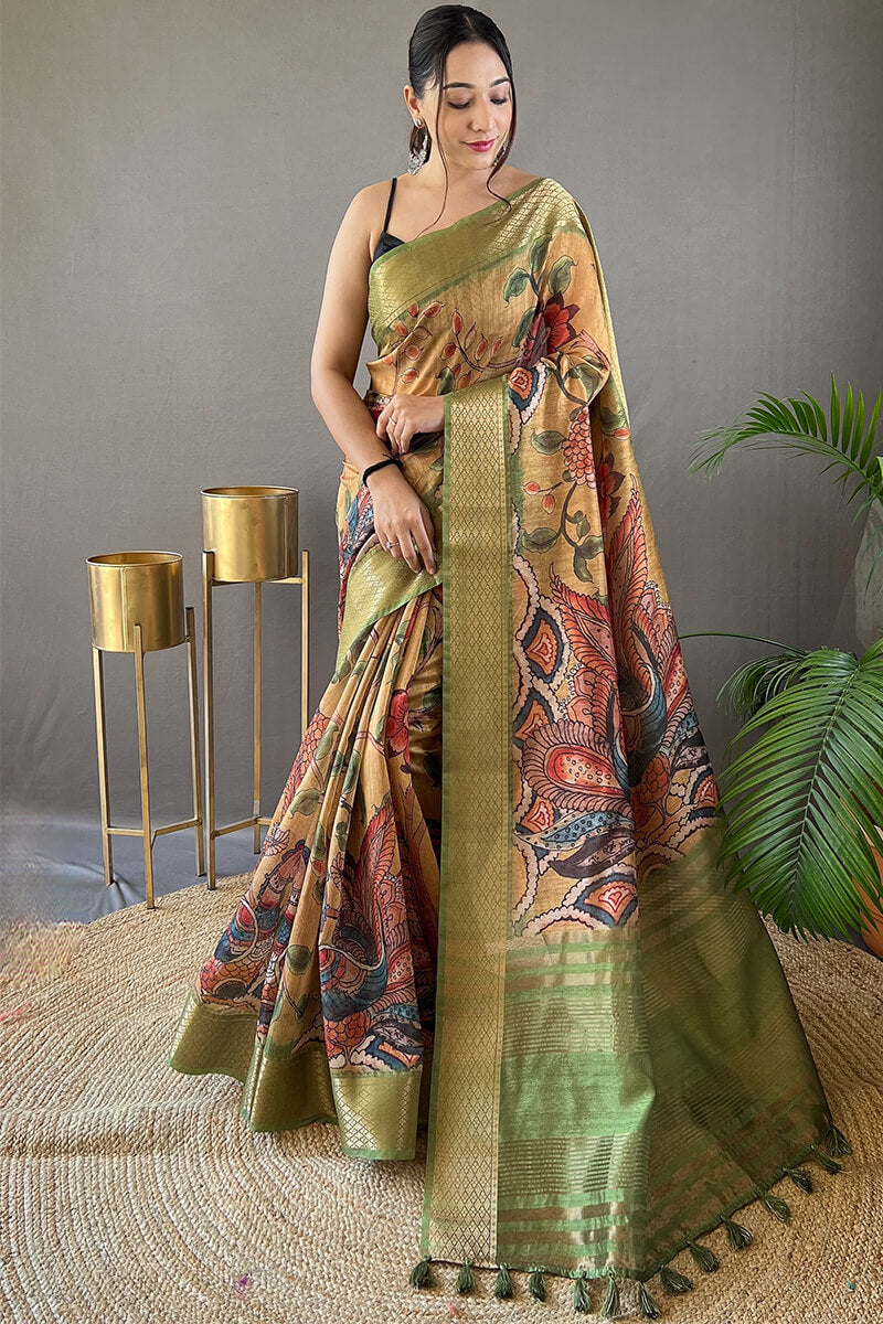 Excellent Mustard Kalamkari Printed Saree With Glorious Blouse Piece