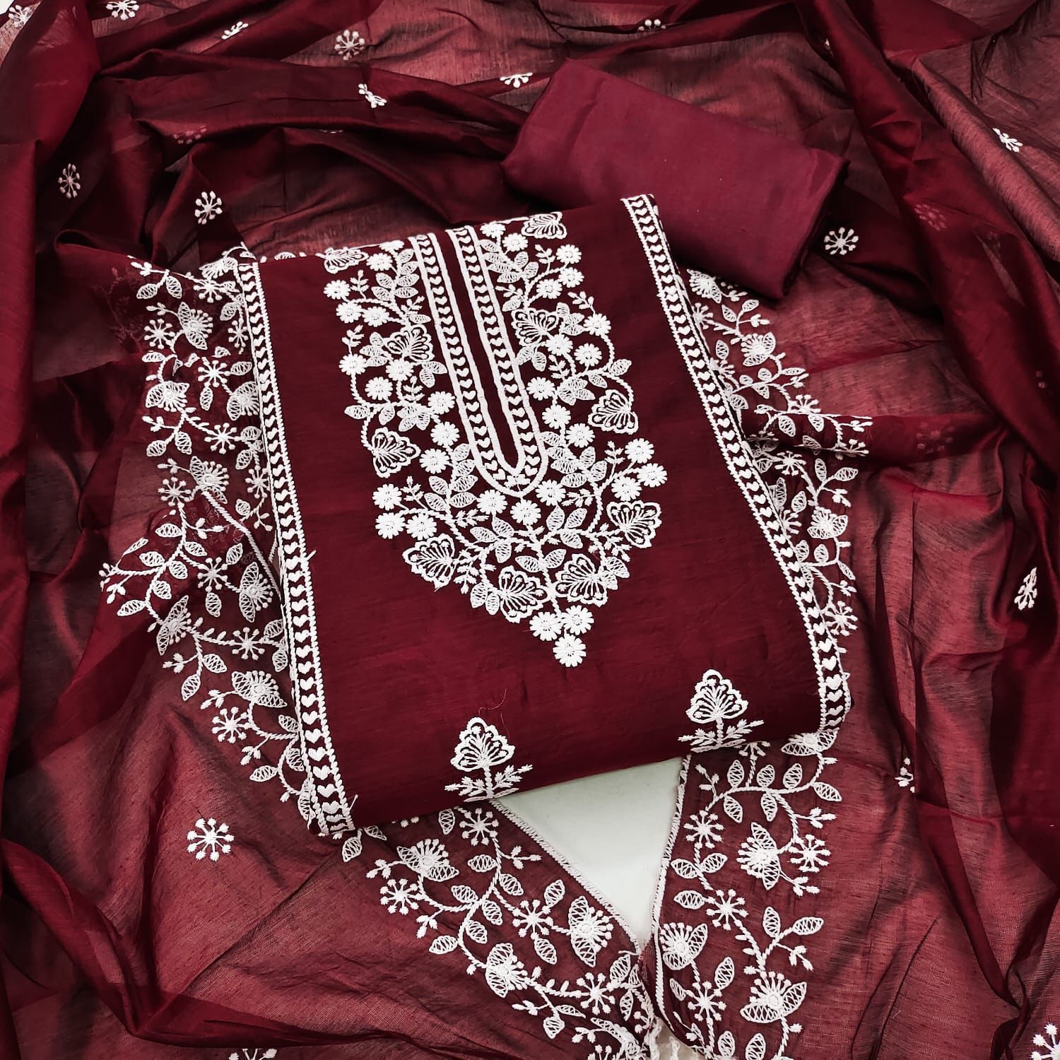 Modal Embroidery Ensemble: Top, Santoon Inner, Santoon Bottom, Heavy  Dupatta