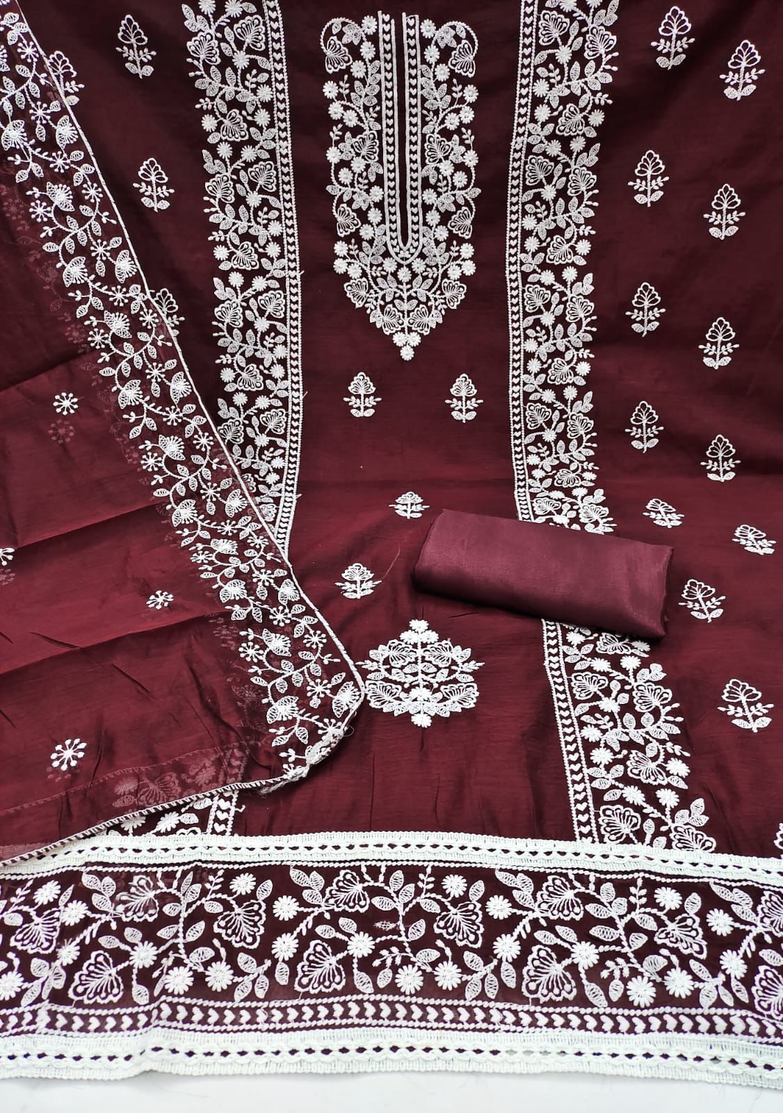 Modal Embroidery Ensemble: Top, Santoon Inner, Santoon Bottom, Heavy  Dupatta