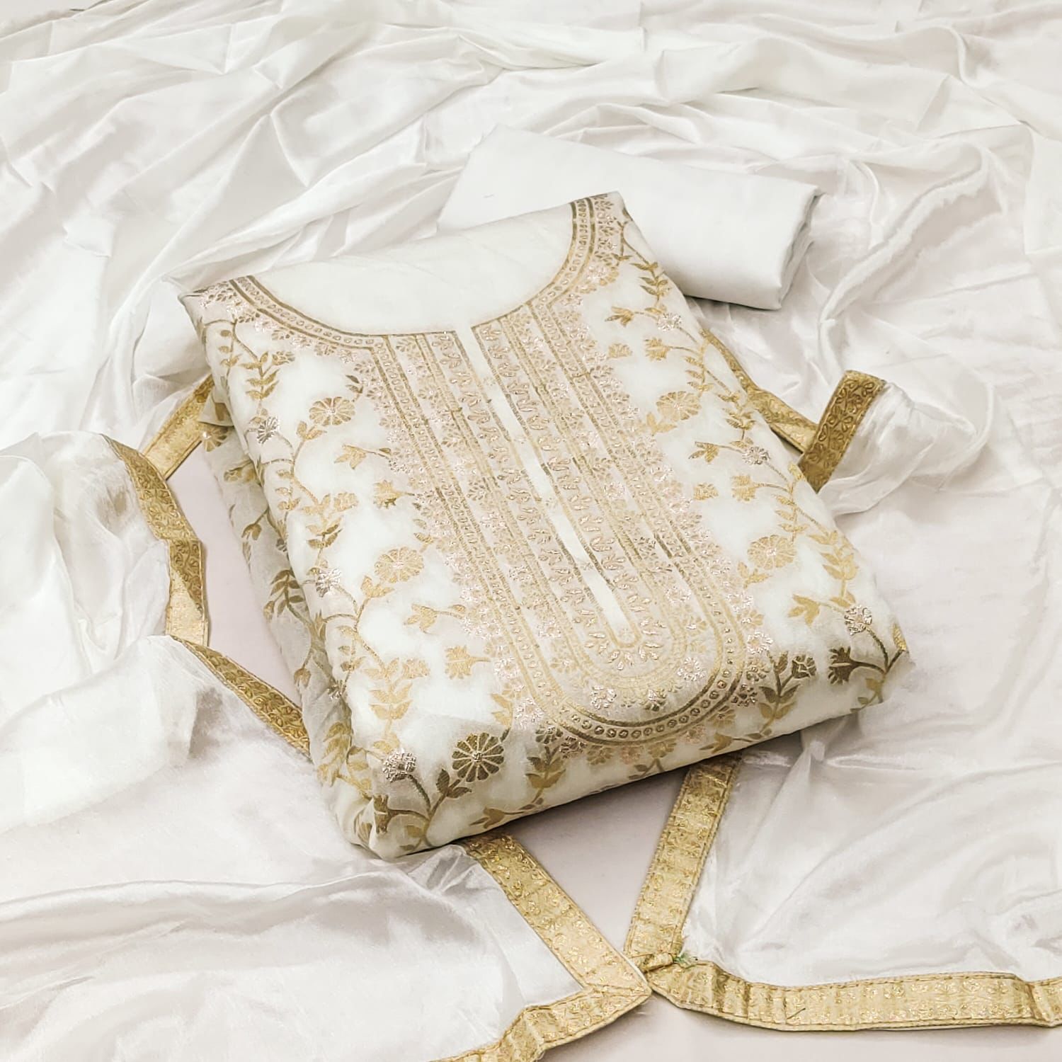 Radhika Banarasi Jacquard Suit Set with Santoon Bottom & Chinon Dupatta