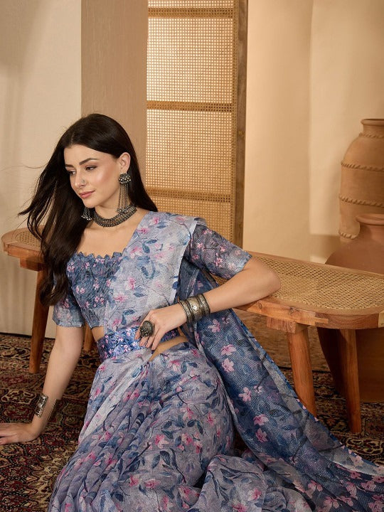 Misty Blue Floral Digital Print Linen Cotton Saree with Designer Blouse – Graceful Ethnic Elegance by Jiprostore