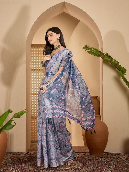 Misty Blue Floral Digital Print Linen Cotton Saree with Designer Blouse – Graceful Ethnic Elegance by Jiprostore