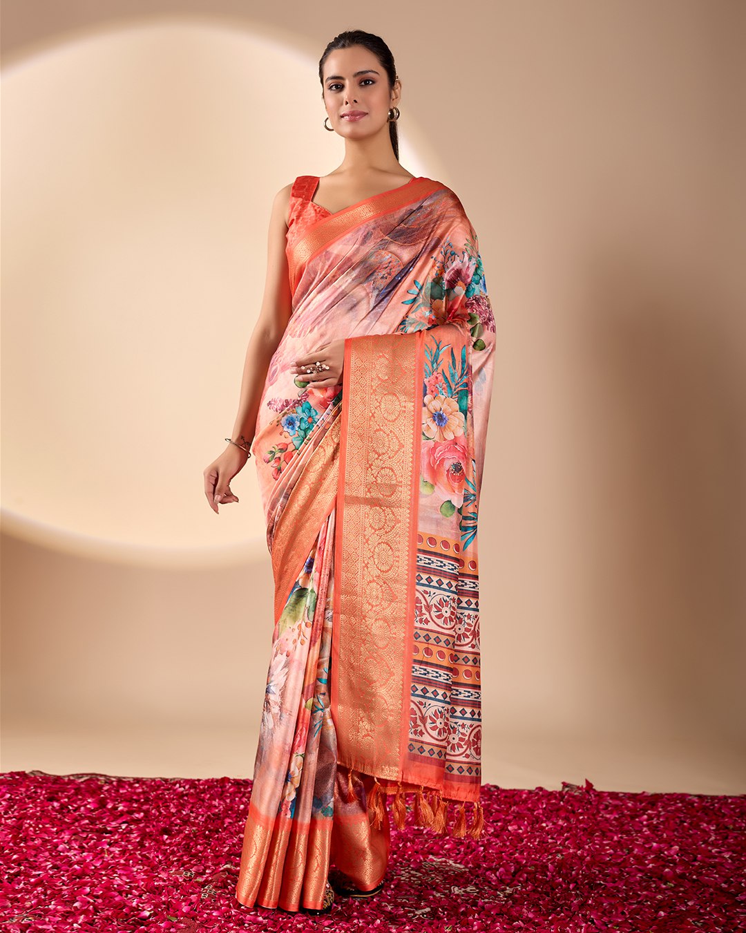 Luxurious Coral Soft Lichi Silk Saree with Elegant Floral Patterns and Zari Border