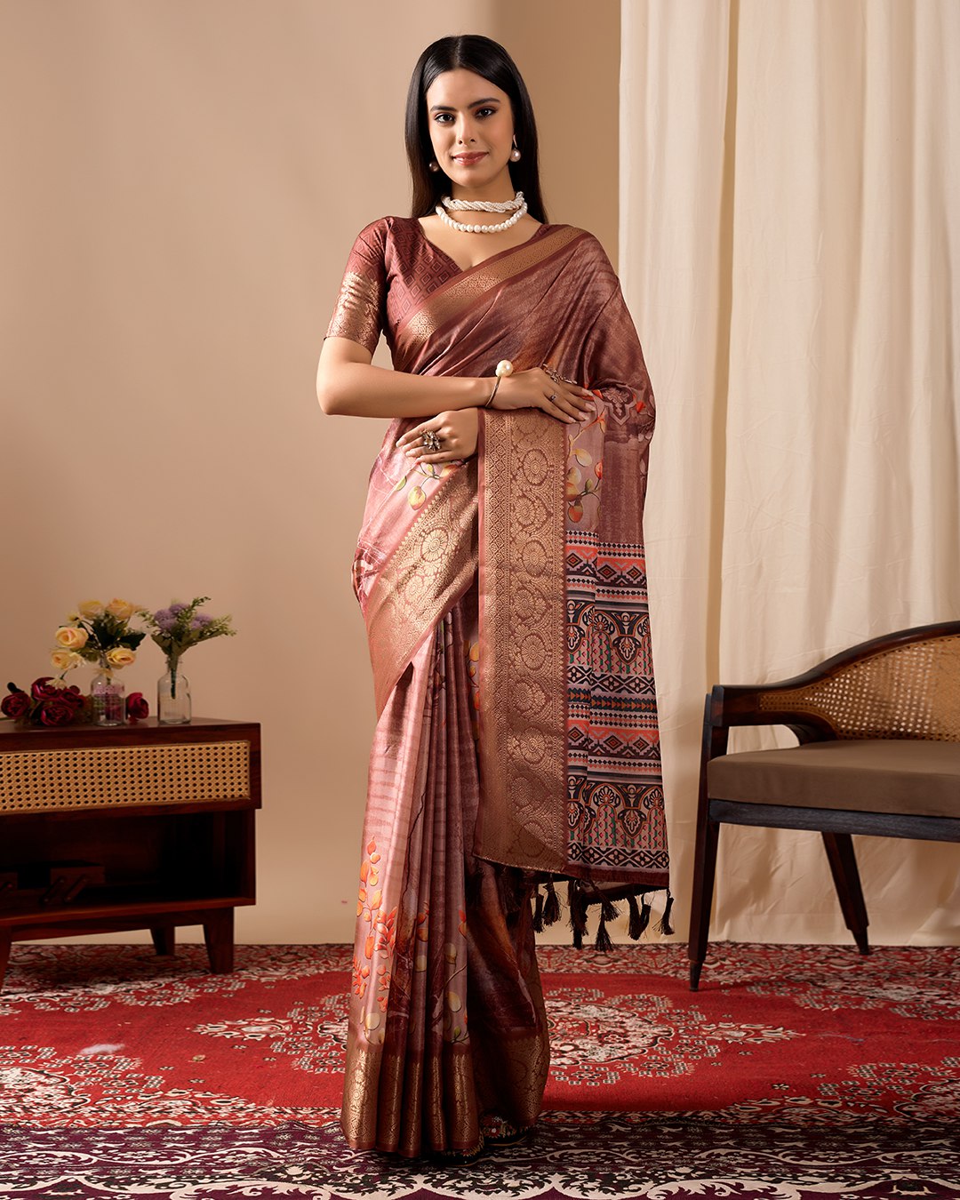 Luxurious Soft Lichi Silk Saree with Graceful Patola-Inspired Motifs