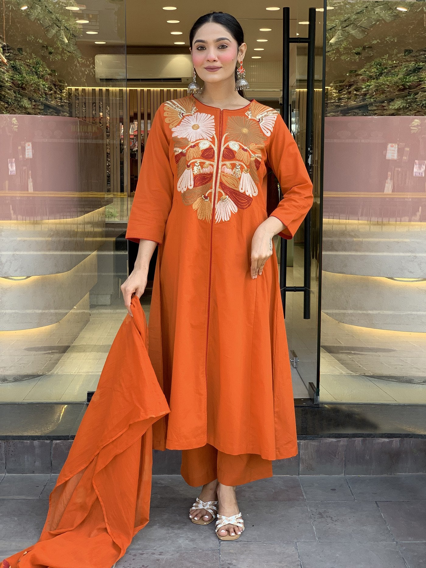 Elegant Orange Embroidered Anarkali Plazzo Suit with Chanderi Dupatta