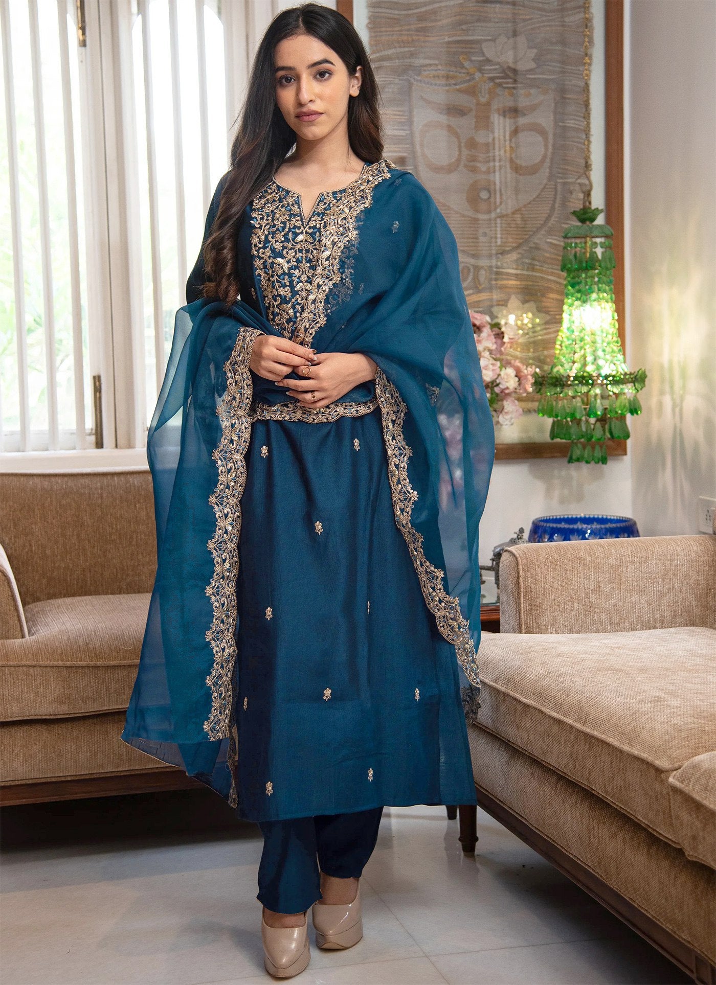 Royal Cerulean Blue Embroidered Kurta Set with Organza Dupatta