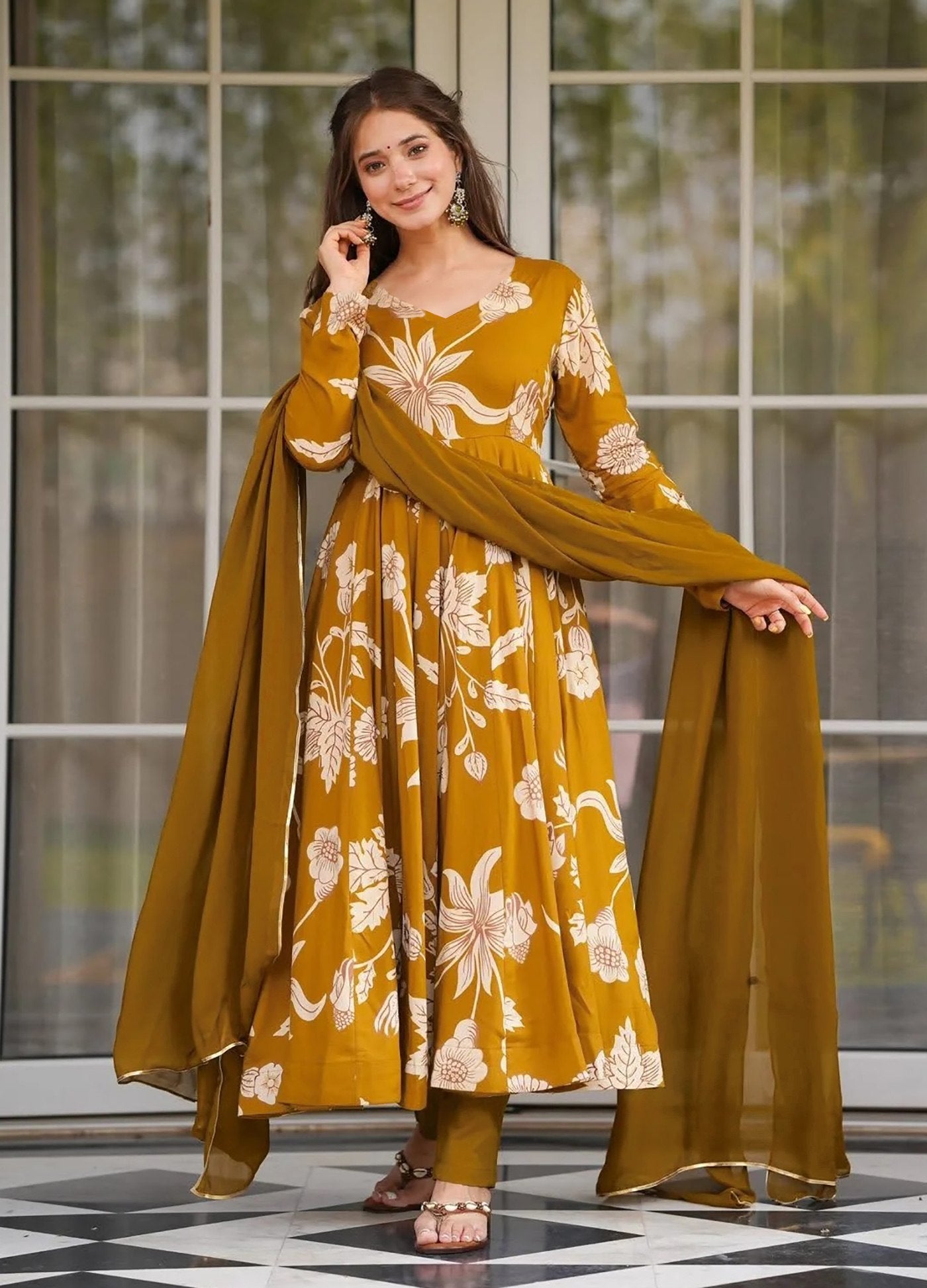 Vibrant Yellow Printed Anarkali Suit Set in Comfortable Rayon Slub