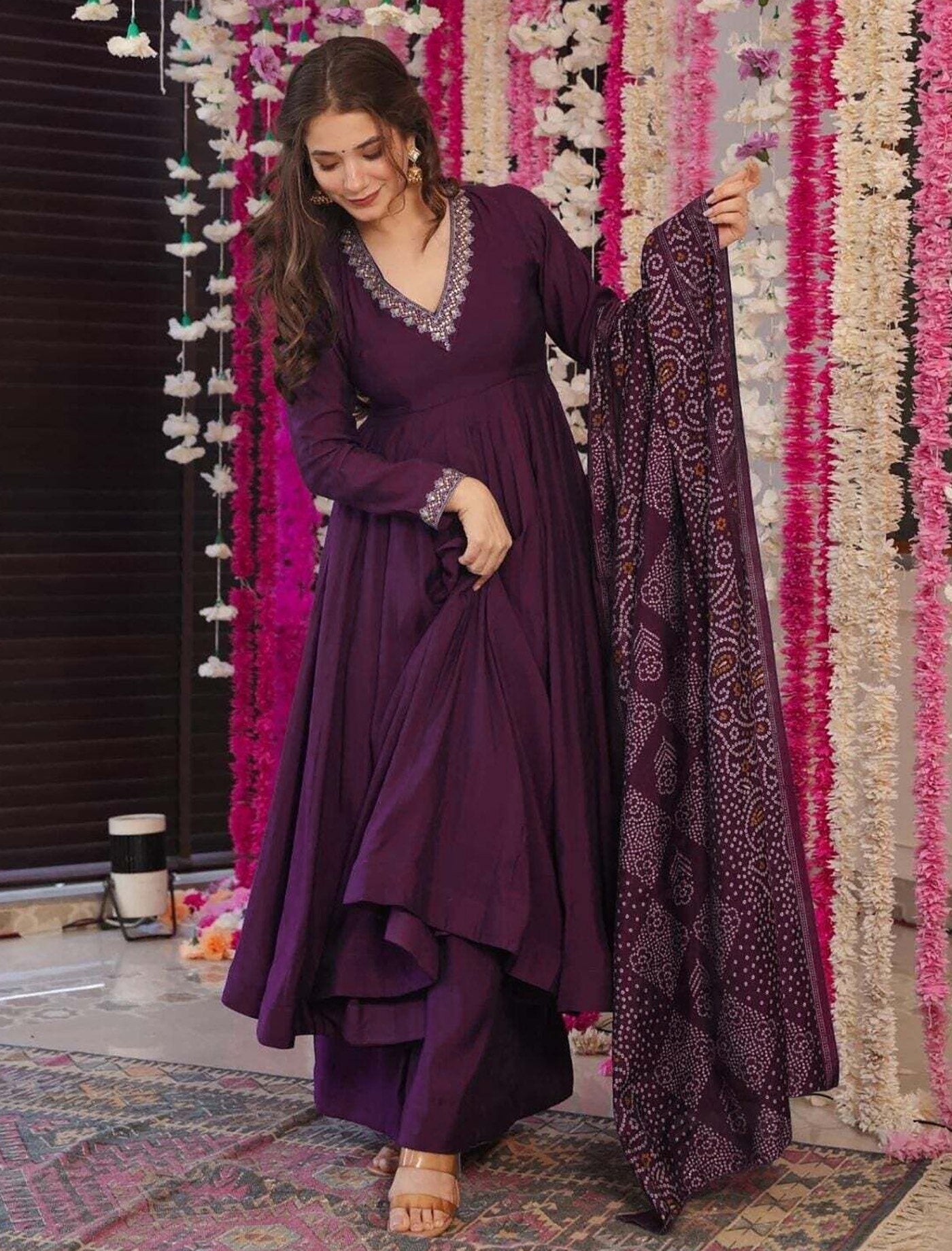 Luxurious Purple Embroidered Anarkali Plazzo Suit in Vichitra Fabric