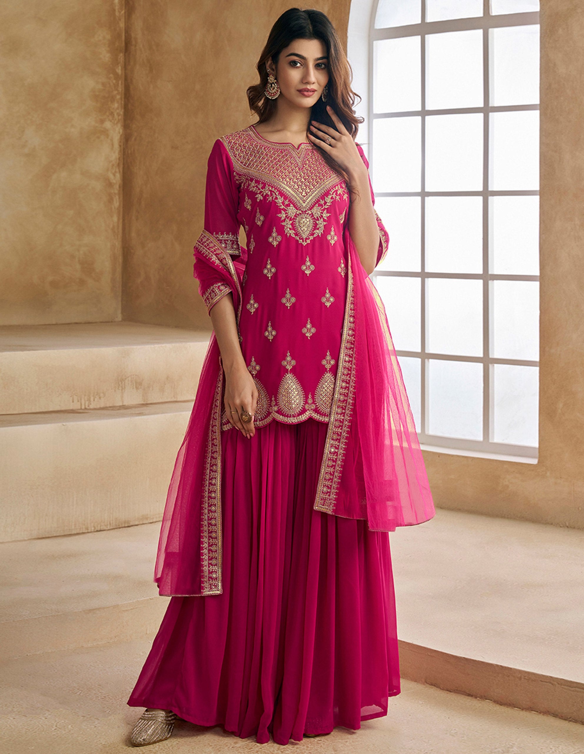 Festive Pink Embroidered Kurta Sharara Set in Elegant Georgette Fabric