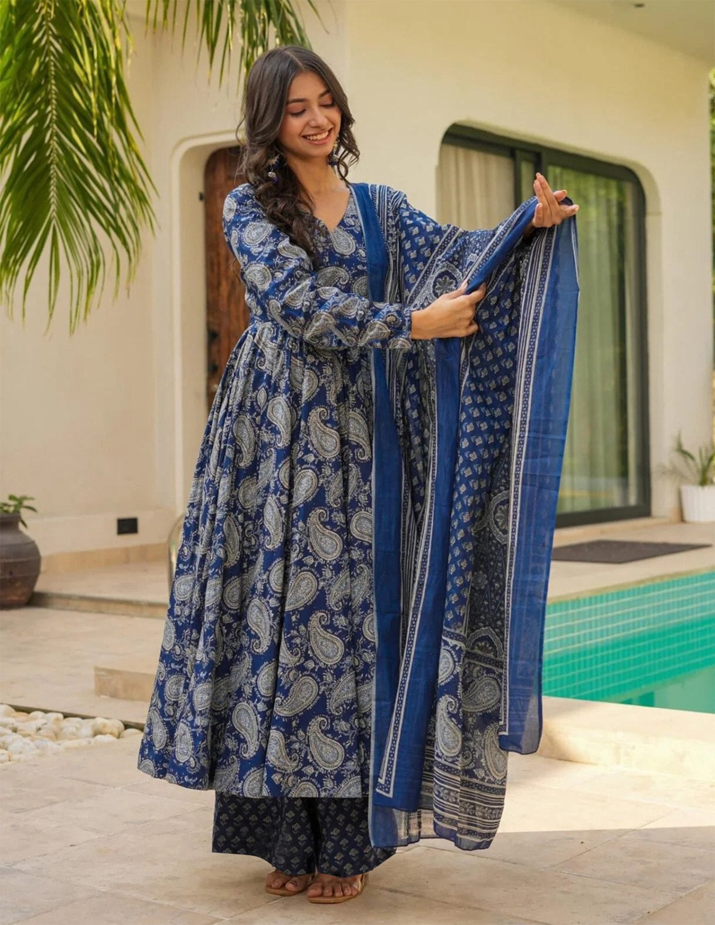 Stylish Blue Printed Anarkali Pent Set in Comfortable Rayon Slub