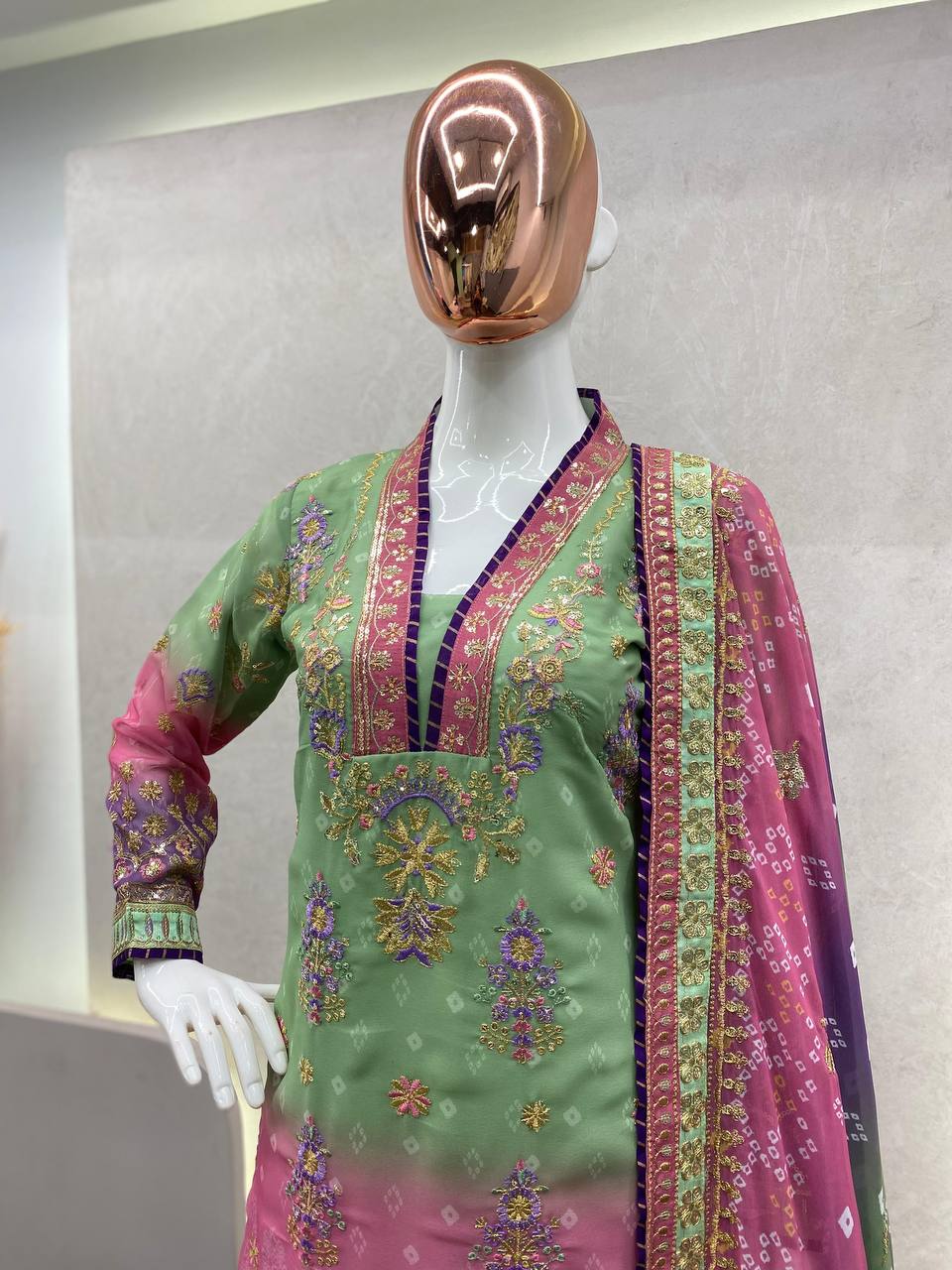 COLLECTION PRINTED SEQUENCE EMBROIDERED WORK DAMAN SUIT ,PLAZO AND BOX DUPATTA